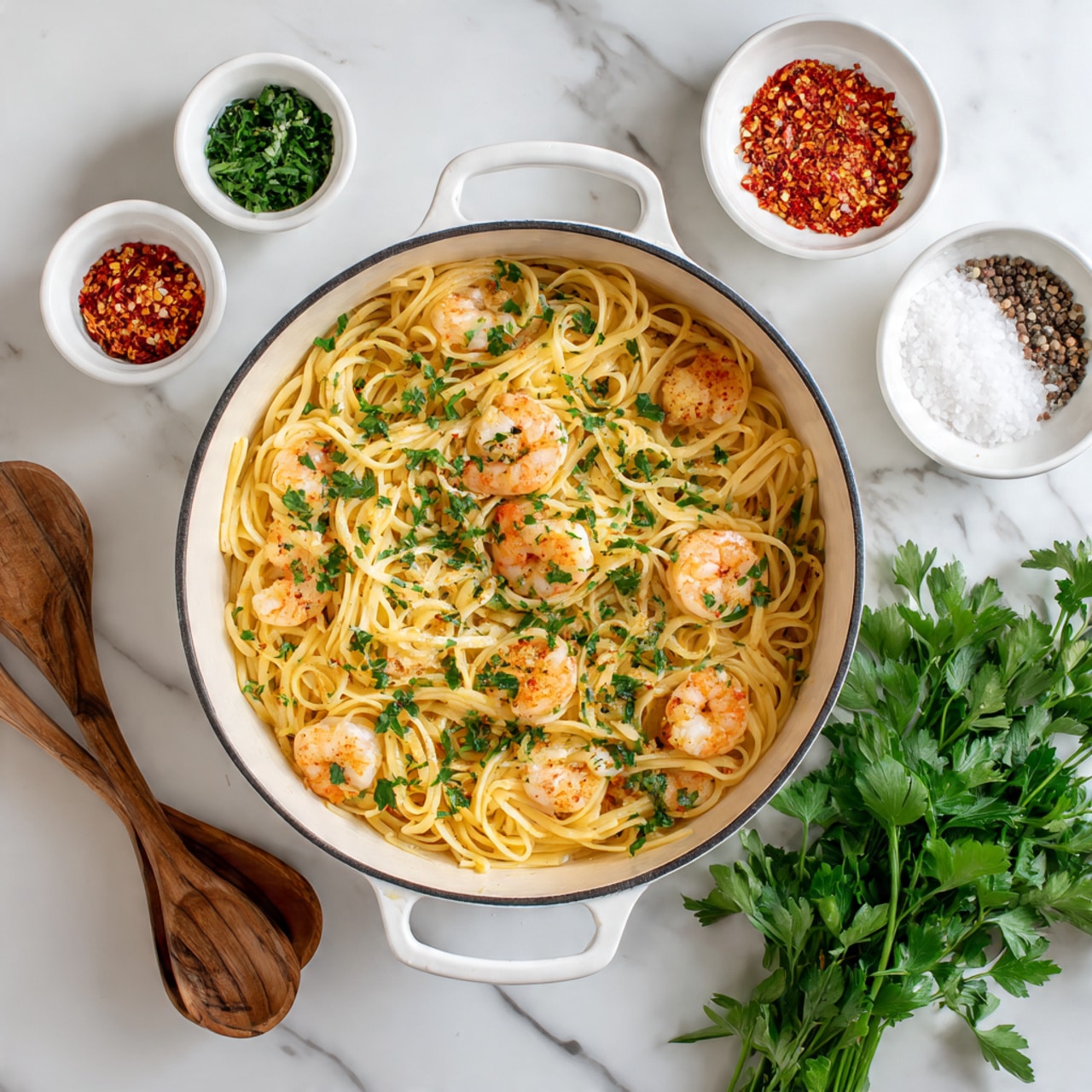A large white pot filled with a single layer of yellow spaghetti pasta mixed with small green parsley pieces scattered evenly on top. Surrounding the pot on the white marbled surface are four small white bowls holding red chili flakes with a wooden spoon, cooked shrimp, white salt with a small wooden spoon, and ground black pepper. A bunch of fresh parsley with deep green leaves is placed in the bottom right corner of the image. The scene is bright with soft natural light and the pot handles frame the pasta in the center. Photo taken with an iphone --ar 4:5 --v 7