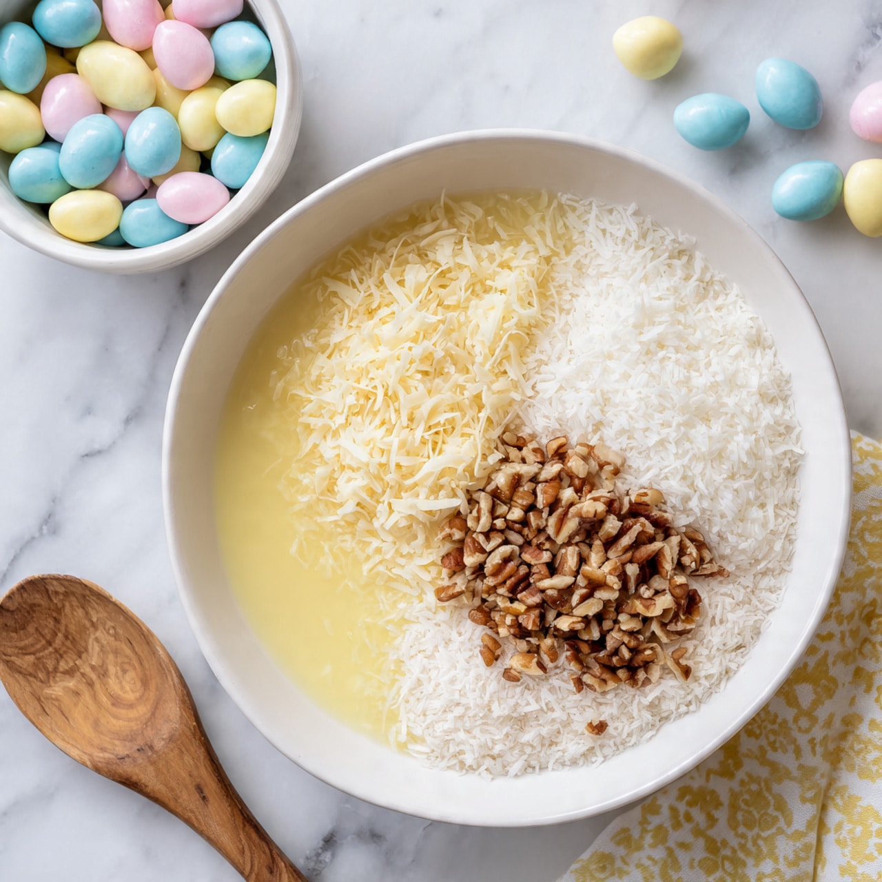 A white bowl on a white marbled surface holds a mixture of three different parts: a soft, pale yellow liquid that covers half the bowl, fluffy white shredded coconut filling most of the other half, and a small pile of finely chopped brown nuts sitting on top of the shredded coconut near the middle of the bowl. Near the top left of the image, there is a small white bowl filled with pastel-colored candy-coated almonds in pale yellow, light pink, and soft blue. At the bottom right corner, a wooden spoon and a corner of a yellow and white patterned cloth are partially visible. Photo taken with an iphone --ar 4:5 --v 7