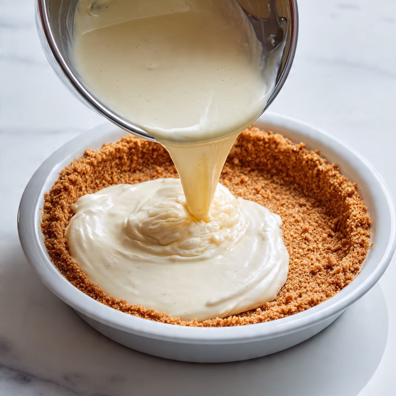 The image shows a white pie plate with a golden brown crumb crust. A shiny silver bowl is tilted over the plate, pouring a thick, light cream filling onto the crust. The filling is smooth with small specks and spreads in soft waves, starting to cover one side of the crust. The background is a clean white marbled surface. Photo taken with an iphone --ar 4:5 --v 7
