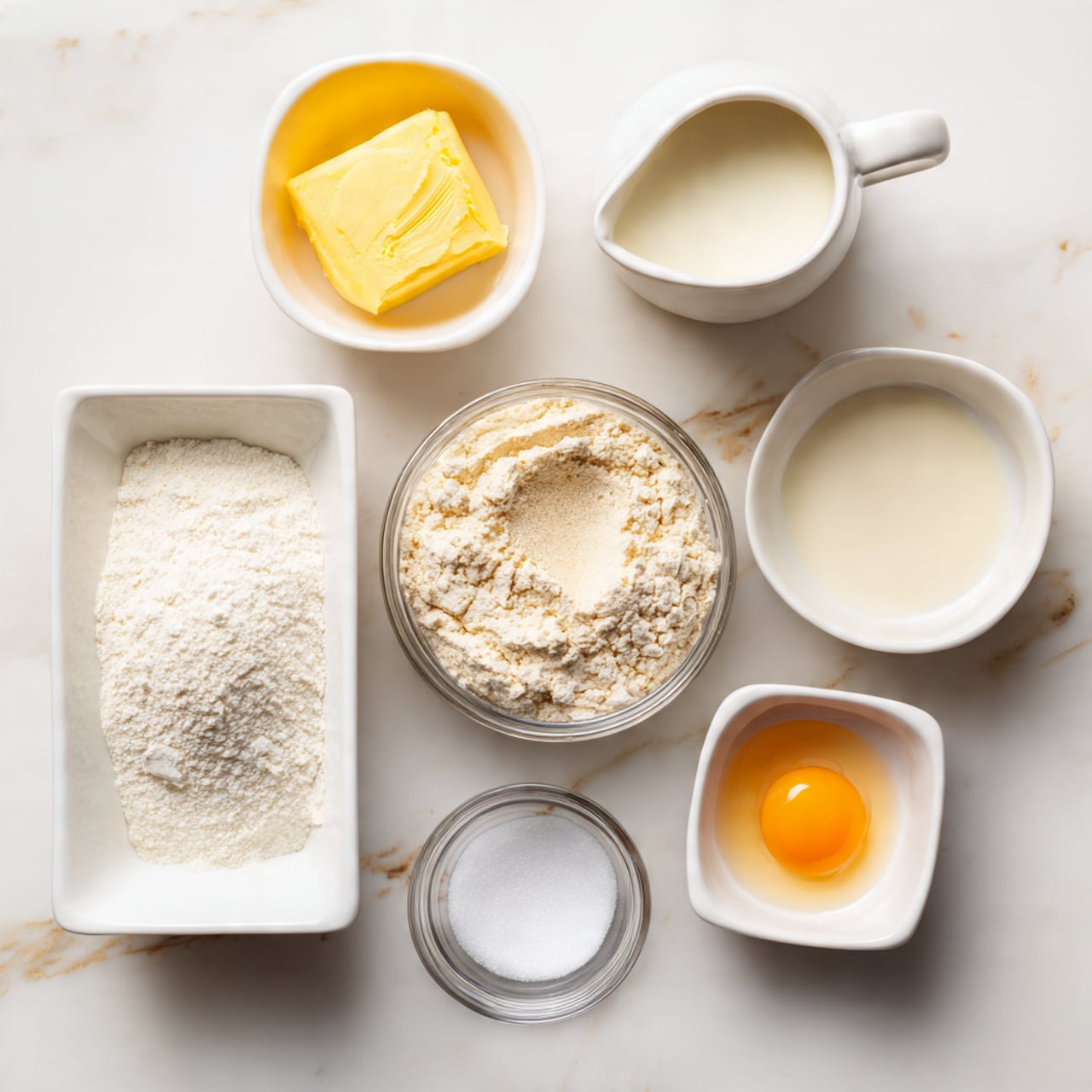 The image shows seven small white dishes with different baking ingredients arranged on a white marbled surface. At the top left, there is a small white bowl with bright yellow butter. To the top right, a white small jug holds light cream-colored milk. Below the butter, a clear rectangular container is filled with off-white all-purpose flour, showing a smooth, soft texture. On the middle right, a clear round bowl holds a bubbly, light beige sourdough starter. Near the bottom left sits a small white bowl of fine white sugar. In the middle, a tiny clear bowl with white salt is placed. Finally, at the bottom right, there is a small white bowl holding a single orange egg yolk. Each ingredient is labeled with bold black text inside white boxes. The clean, bright setup is well-lit and minimal, photo taken with an iphone --ar 4:5 --v 7