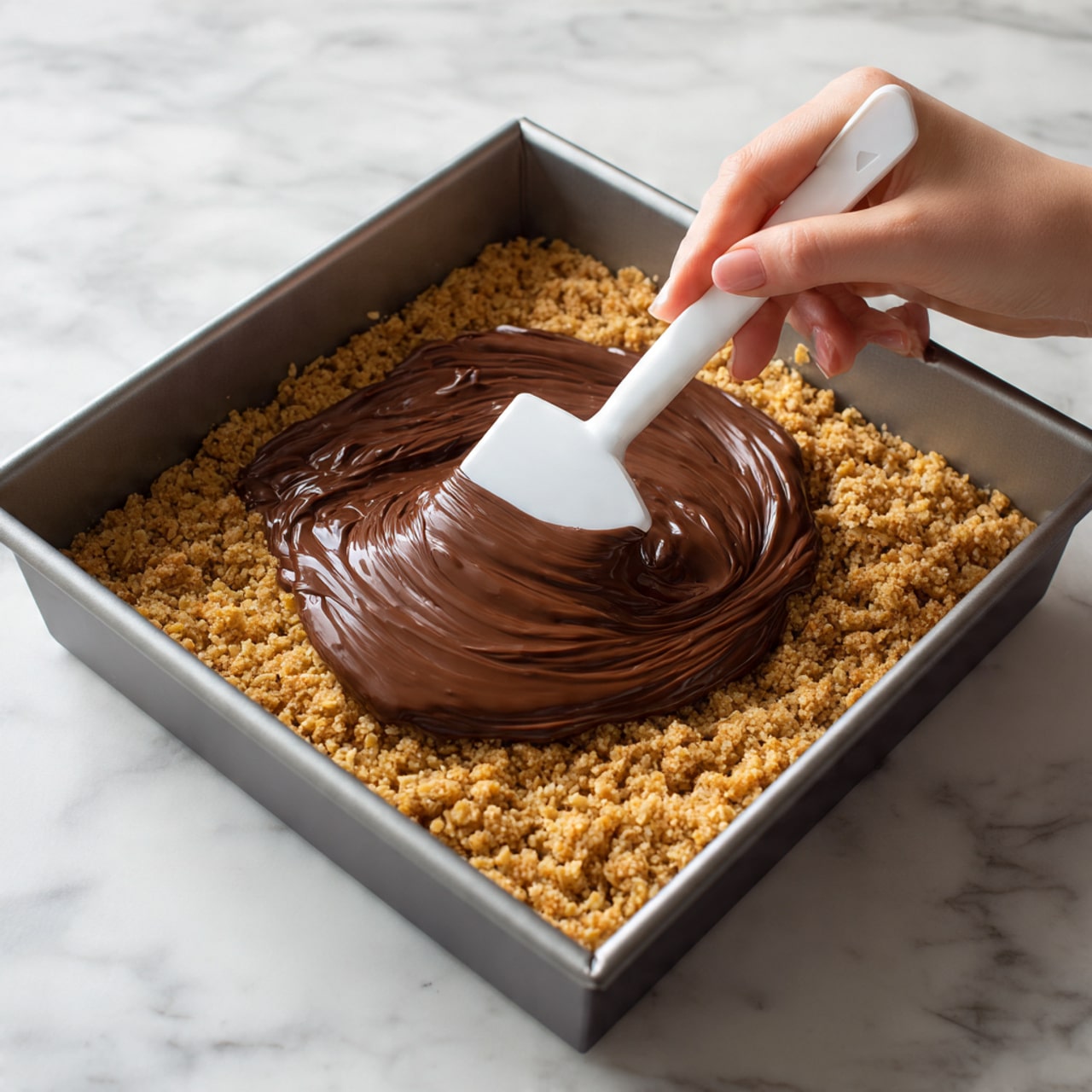 The image shows a square baking pan containing two layers. The bottom layer is made of a golden brown crumbly oat mixture that fills the pan evenly. On top, a thick, smooth layer of melted chocolate is being spread with a white spatula, which is held by a woman's hand partially visible on the right side. The chocolate layer covers about half of the oat base so far. The pan is placed on a white marbled surface. photo taken with an iphone --ar 4:5 --v 7
