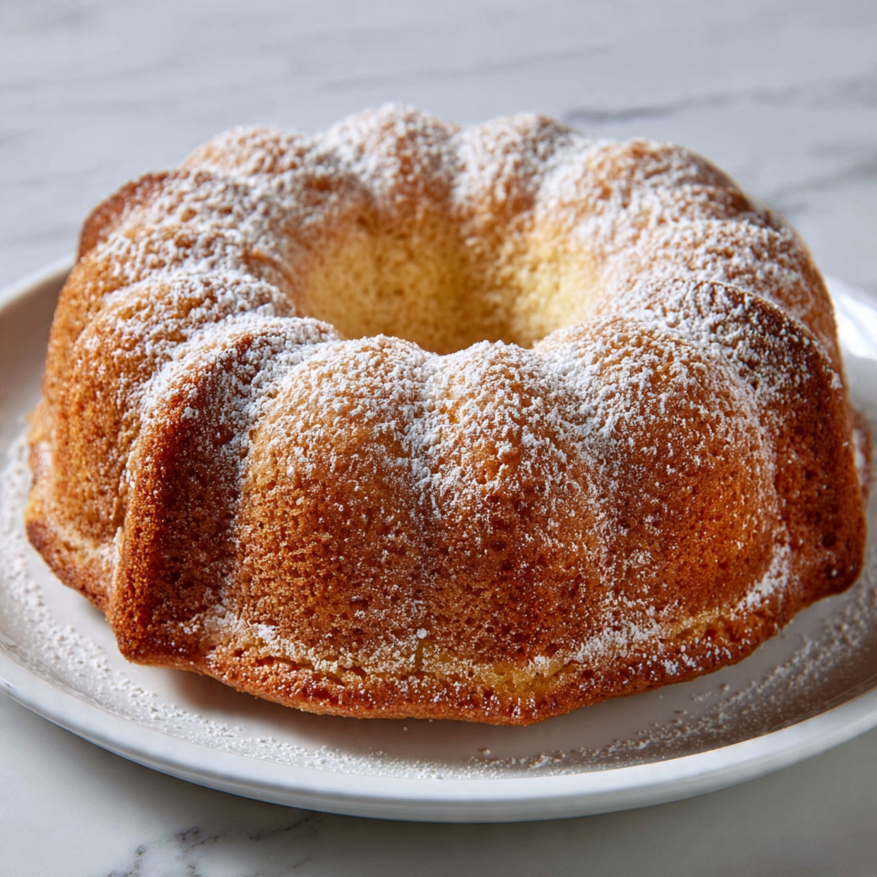 The image shows a round bundt cake with a golden-brown color and a slightly rough texture on the outside. The cake is topped with a light dusting of white powdered sugar scattered unevenly across its top. The cake is placed on a clean white plate, which rests on a white marbled surface. The center hole of the bundt cake is clearly visible, and the shape of the cake has gentle ridges and curves all around its edge. Photo taken with an iphone --ar 4:5 --v 7