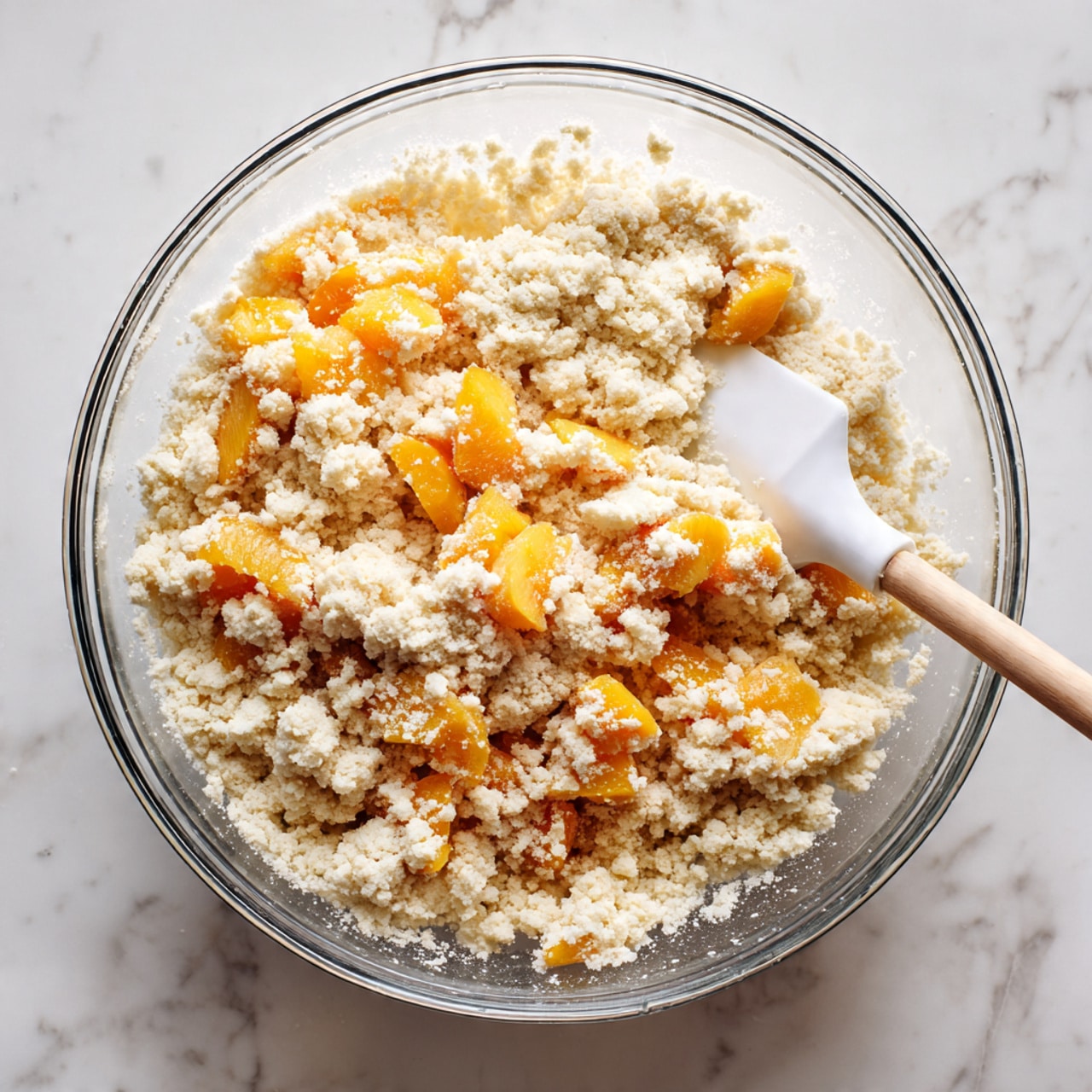 A clear glass bowl filled with a light, crumbly dough layer at the bottom, topped with many small, bright orange fruit pieces scattered evenly across the surface. A white spatula with a smooth texture is partially visible in the bowl, mixing the ingredients gently. The background shows a white marbled surface. photo taken with an iphone --ar 4:5 --v 7
