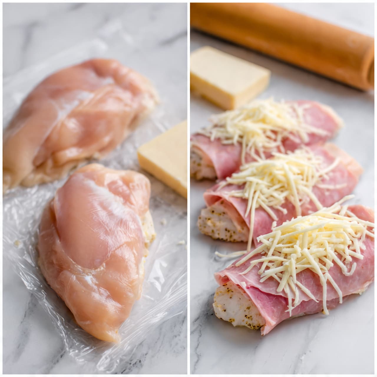 The image shows two close-up views side by side on a white marbled surface: on the left, a raw chicken piece placed on clear plastic wrap, with a rolling pin in the background; on the right, three raw chicken pieces each topped with a single slice of pink ham and a small pile of shredded white cheese, all arranged flat on the surface in a neat row. Photo taken with an iphone --ar 4:5 --v 7