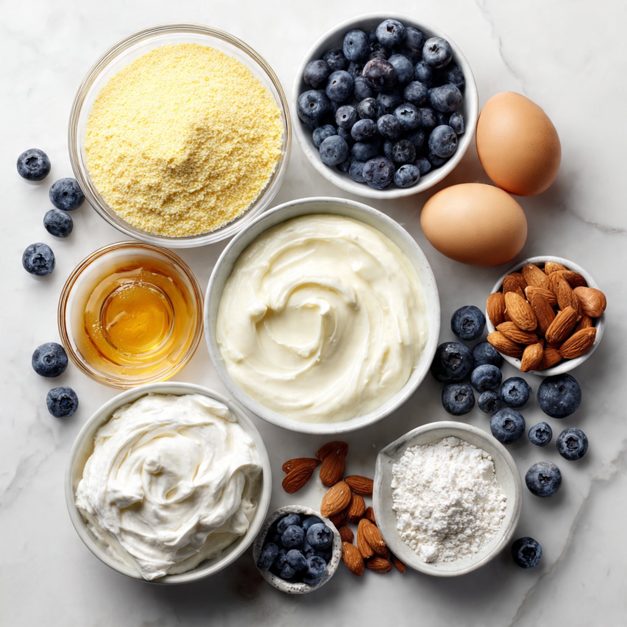 The image shows various ingredients arranged on a white marbled surface. There is a clear glass bowl filled with light yellow cornmeal at the top left, next to a smaller white bowl of fresh blueberries on the right. Below the cornmeal, two brown eggs lie beside a small glass bowl of golden honey. In the center, a large white bowl holds a smooth, thick white mixture, while below it, another white bowl contains whipped cream with soft swirls. To the right of the whipped cream, small white bowls hold sliced almonds, whole almonds, and more blueberries. A small white bowl with white powder, likely flour, is seen at the bottom left. Scattered around the bowls are loose blueberries adding extra color to the white marbled surface. Photo taken with an iphone --ar 4:5 --v 7