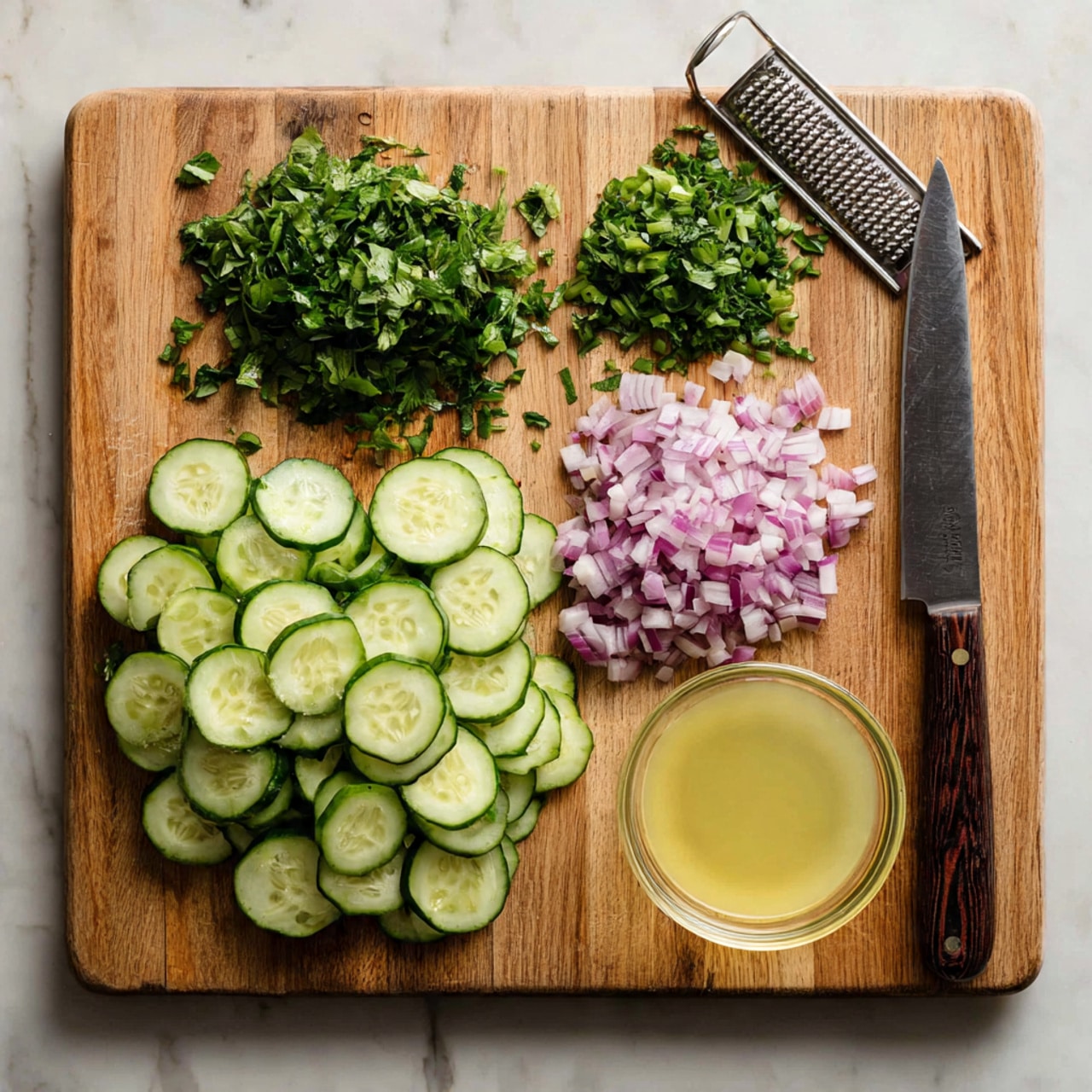 A wooden cutting board sits on a white marbled surface. On the board, there are four groups of ingredients arranged neatly: a large pile of thinly sliced cucumber rounds at the bottom left, a heap of chopped green leafy herbs at the top left, a pile of finely diced red onion at the top right, and another smaller bunch of chopped green herbs at the bottom right. A small clear glass bowl filled with a light yellow liquid is placed just off the cutting board on the right side. A knife with a dark wooden handle rests on the left side of the board, and a metal grater with a dark handle is placed at the top right corner of the board. photo taken with an iphone --ar 4:5 --v 7