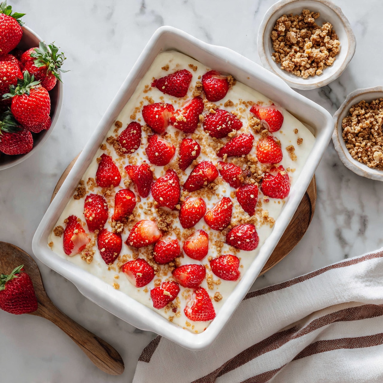 A white rectangular baking dish shows a dessert with one smooth, thick white creamy layer on top. Scattered evenly over this layer are bright red halved strawberries with juicy, shiny surfaces. Light brown crumbly bits are sprinkled between the strawberries, adding texture contrast. The dish sits on a white marbled surface, surrounded by fresh strawberries in a white bowl and small dishes of more crumbs. A white cloth with brown stripes is on one side, adding softness to the scene. photo taken with an iphone --ar 4:5 --v 7
