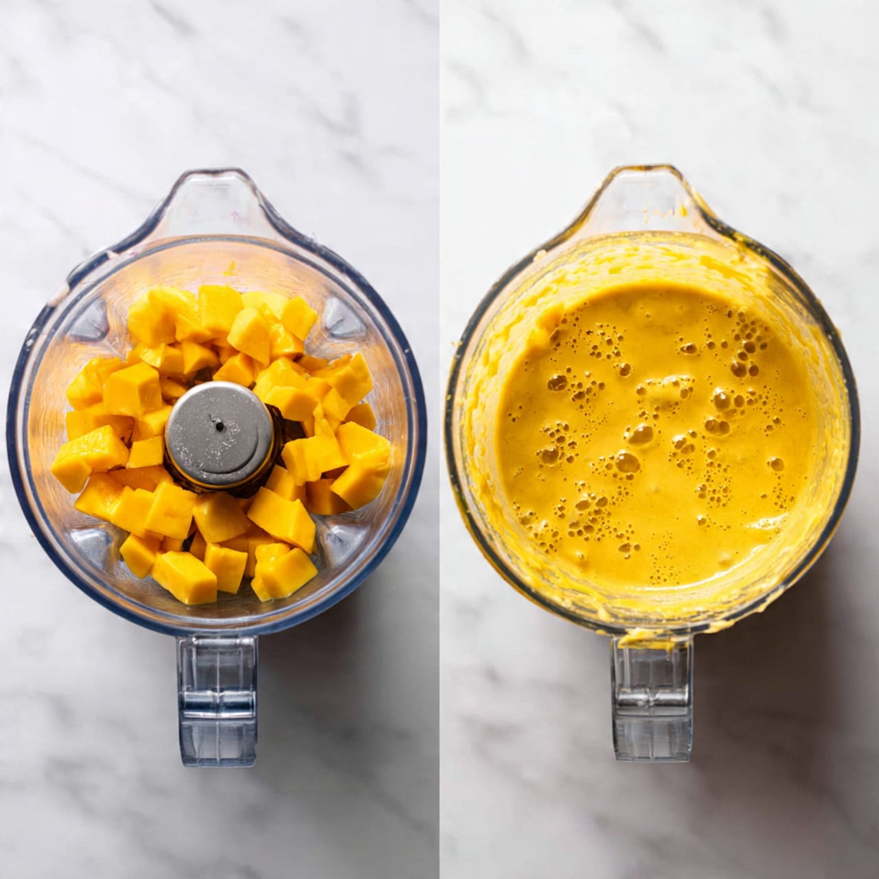 The image shows two side-by-side views of a clear blender on a white marbled surface. The left side displays the blender filled with small, bright yellow-orange mango cubes resting at the bottom near the sharp silver blades. The right side shows the same blender after blending, filled with a smooth, thick, and creamy mango puree, with small bubbles and yellow bits stuck to the sides. The blender has visible measurement markings on its clear container. Photo taken with an iphone --ar 4:5 --v 7