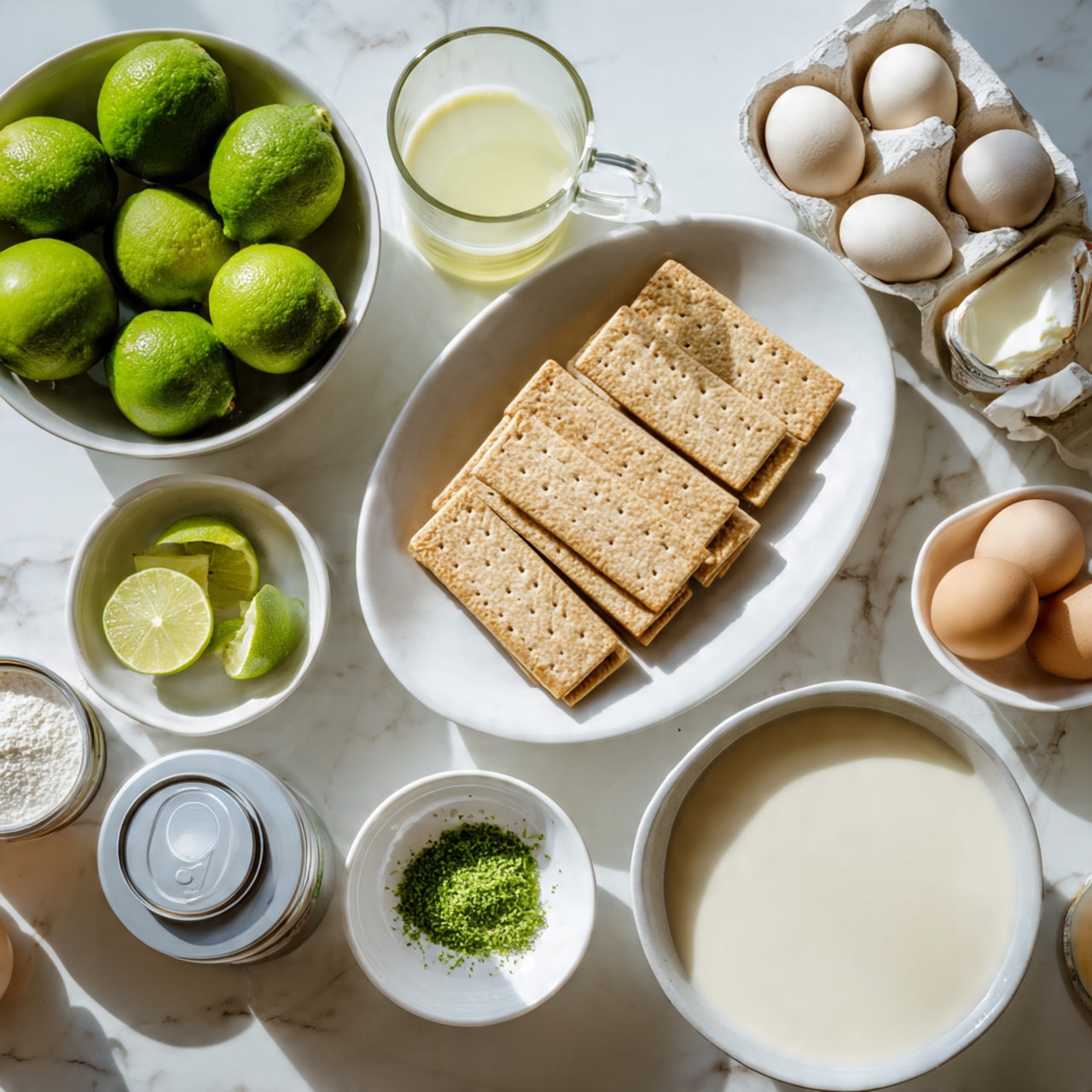A white oval plate is in the center holding two stacks of light brown rectangular crackers arranged neatly side by side. Around the plate, there are eight items on a white marbled surface: a white bowl with green whole and halved limes on the left, a clear glass mug with pale yellow liquid above the limes, a small white bowl with finely chopped green herbs next to the glass mug, an opened can with off-white liquid beside the herb bowl, a small white bowl filled with a light beige liquid under the can, a white ceramic bowl with a thick white creamy texture on the right, a white bowl with white sugar on the lower left, and a white egg carton holding six brown eggs in the bottom right corner. The lighting is bright and natural, and a woman's hand is gently touching one side of the crackers. photo taken with an iphone --ar 4:5 --v 7