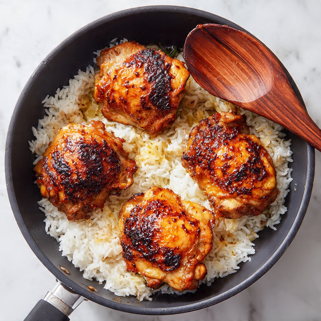 A black pan holds four golden-brown chicken pieces that are slightly charred and placed evenly over a bed of white cooked rice. The rice is spread mainly on one side of the pan, with some scattered under the chicken. A wooden spoon with a rich brown color rests inside the pan touching the rice and chicken. The pan sits on a white marbled surface. photo taken with an iphone --ar 4:5 --v 7