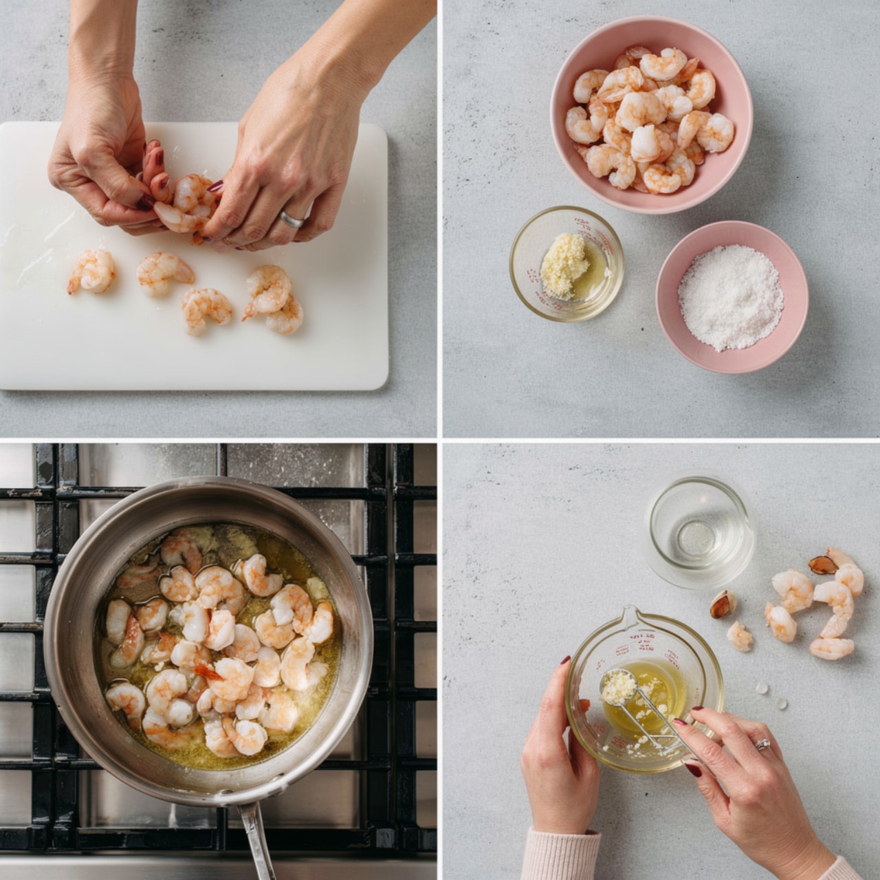 A collage of four images on a white marbled surface shows the preparation process of shrimp dish. The first image displays a woman's hands peeling a shrimp over a white cutting board with peeled shrimp around and a pink bowl filled with raw shrimp at the top right. The second image shows a woman's hands stirring shrimp in a silver pot on a stove with a granite countertop background. The third image captures a close-up of a woman's hands holding a glass measuring cup with a spoon inside, next to a bowl with shrimp shells and a pink bowl with cooked shrimp in the background. The fourth image focuses on a woman's hands adding minced garlic into a silver pan filled with melted butter or oil on the stove. photo taken with an iphone --ar 4:5 --v 7
