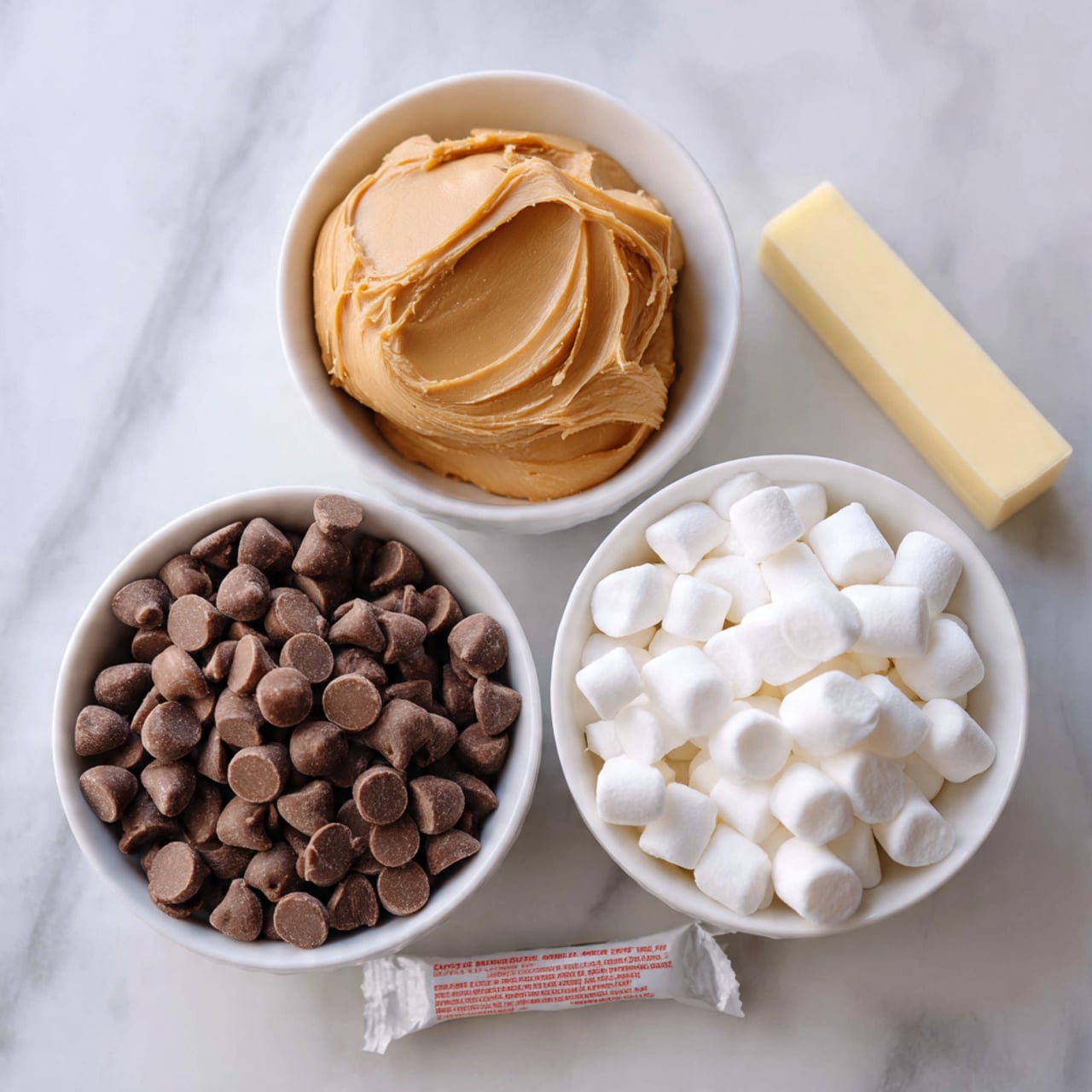 The image shows three white bowls and a stick of salted sweet cream butter on a white marbled surface. The first bowl holds a smooth scoop of light brown peanut butter. The second bowl is filled with small, white cylindrical marshmallows that almost fill the bowl. The third bowl contains many medium-sized milk chocolate chips, with a dusty texture. The wrapped stick of butter is positioned in the lower foreground with a white and red label. Photo taken with an iphone --ar 4:5 --v 7