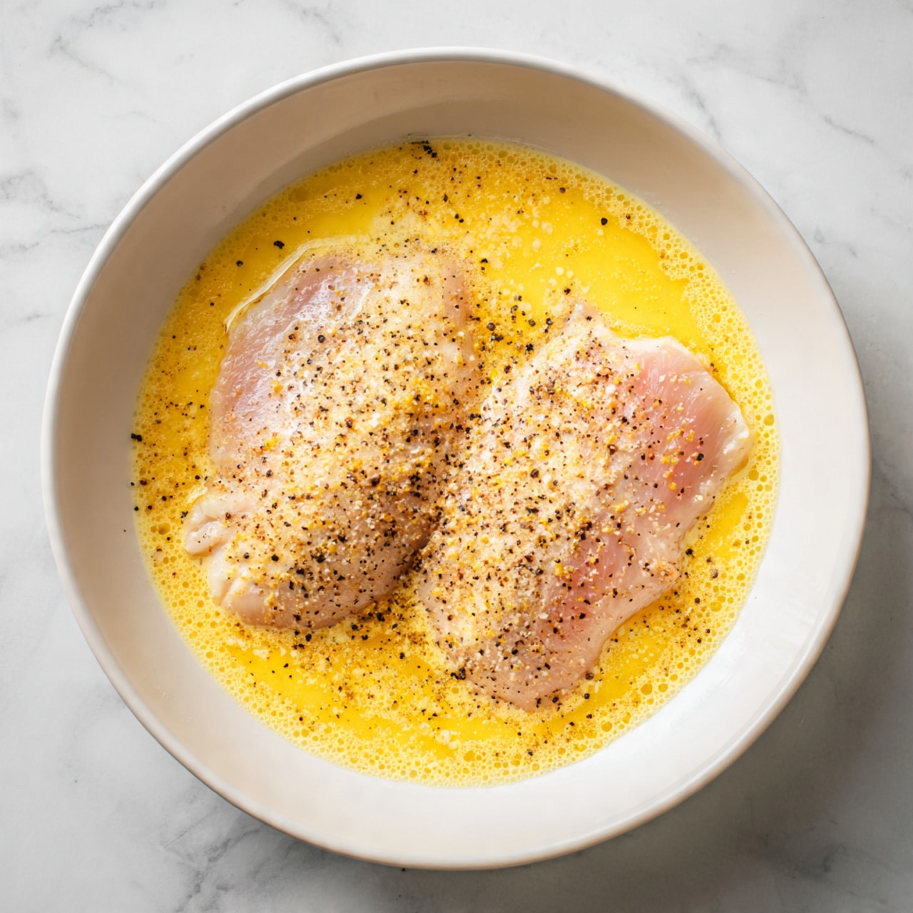 A white bowl contains two raw chicken pieces sitting in a layer of beaten yellow eggs. The chicken pieces are pale pink with a light texture and are sprinkled with black pepper and salt. The egg layer is smooth and slightly bubbly, surrounding the chicken and filling the bottom of the bowl. The bowl is placed on a white marbled surface. photo taken with an iphone --ar 4:5 --v 7