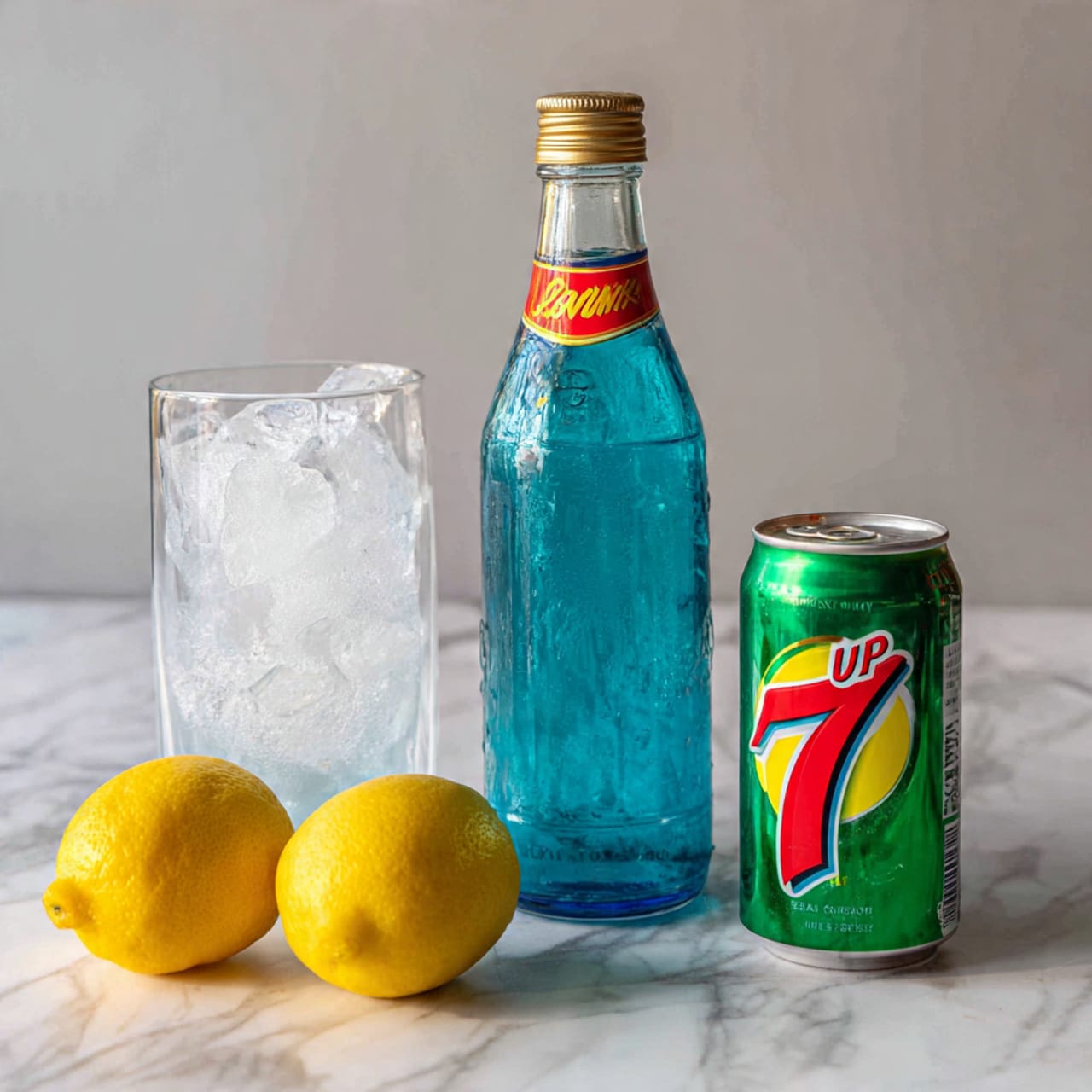 The image shows ingredients for a drink placed on a white marbled surface with a light gray wall in the background. In the center is a tall blue glass bottle of blue curacao syrup with a gold cap and a red and yellow label. To its right is a green can of 7 UP with bright red and white logo and lemon-lime details. To the left of the blue bottle is a clear stemmed glass filled with white ice cubes. In the front left corner of the image, two whole bright yellow lemons sit on the surface. The scene is clean with soft natural light, photo taken with an iphone --ar 4:5 --v 7