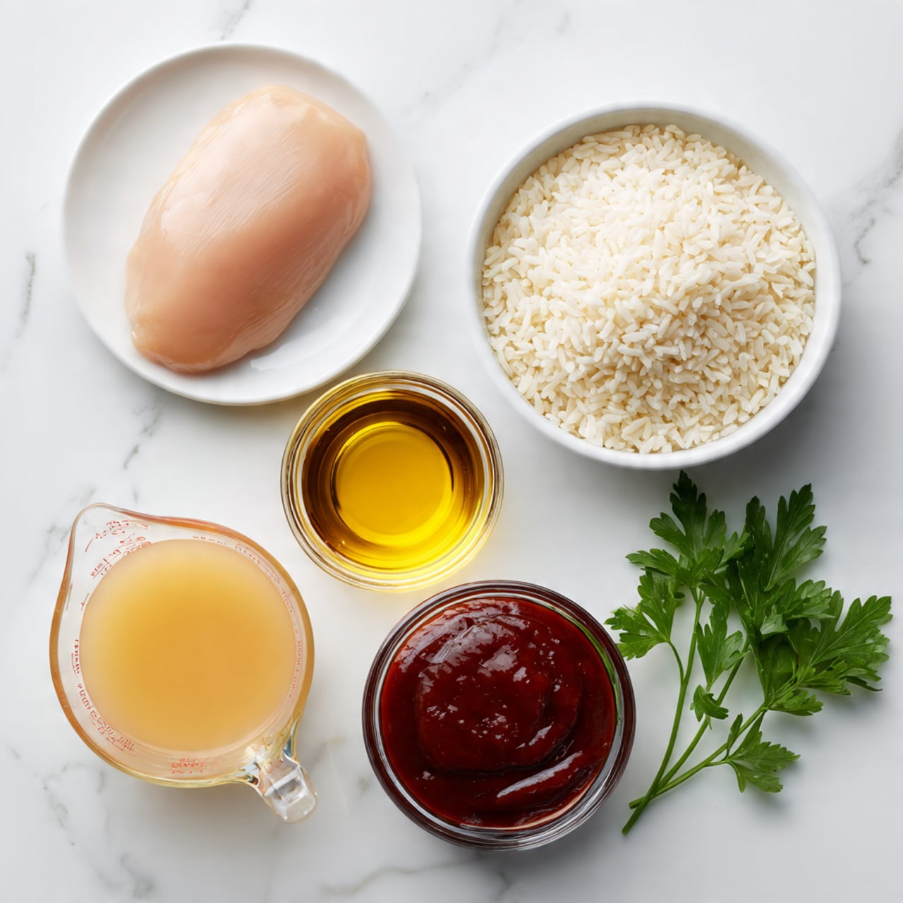 The image shows six cooking ingredients neatly arranged on a white marbled surface. At the top left, there is a white plate holding a single smooth, pale pink raw chicken piece. Next to it on the right, a white bowl is filled with uncooked white rice grains. Below the chicken, a small clear glass bowl contains golden yellow olive oil. To its right, another small clear glass bowl is filled with thick dark red barbecue sauce. At the bottom left, a clear glass measuring cup holds light yellow chicken broth. Finally, at the bottom right, there are two fresh green parsley sprigs with noticeable leaf veins. The photo taken with an iphone --ar 4:5 --v 7