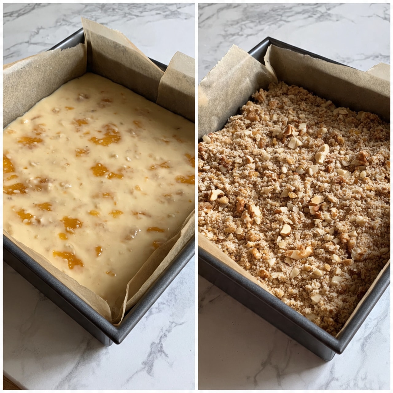 The image shows two square baking pans side by side on a white marbled surface. The left pan contains a smooth batter layer that is creamy beige with light chunks of orange fruit spread evenly throughout. The batter looks soft and thick, filling the pan almost completely. The right pan is filled with a crumbly light brown topping that has a grainy texture with small pieces of nuts scattered on top. The crumb layer is uneven but covers the batter underneath, creating a rough surface. Both pans are lined with parchment paper, and the edges of the paper are folded over the sides. photo taken with an iphone --ar 4:5 --v 7
