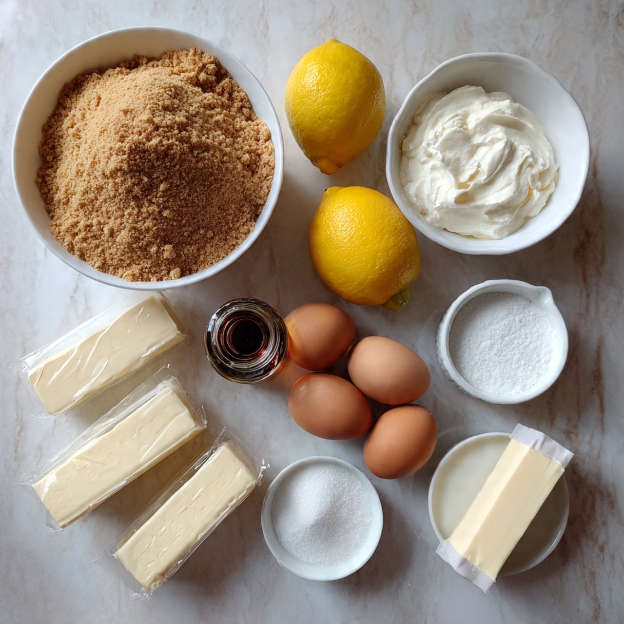 The image shows a collection of baking ingredients arranged on a white marbled surface. There is a large white bowl filled with light brown crumbs in the top left corner. Close to it are two whole yellow lemons, a large brown egg, and a small white bowl with white cream. Just below, there is a small clear bottle labeled vanilla extract, four whole brown eggs spread out, and a small white bowl with white granulated sugar. A stick of pale yellow butter is on the left near three wrapped white blocks of cream cheese stacked together. A white round measuring cup is placed at the bottom right corner. The scene is lit naturally, with all items clearly visible and organized. photo taken with an iphone --ar 4:5 --v 7