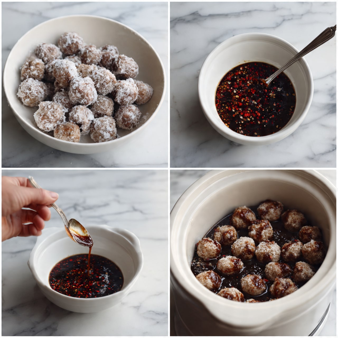 The image shows four parts of a cooking process on a white marbled surface. In the first part, a white bowl is filled with frozen meatballs that are light brown and frosted with ice. The second part shows a small white bowl with dark brown sauce sprinkled with red chili flakes and a metal spoon inside. The third part captures a woman's hand pouring the dark sauce over the frozen meatballs in the white bowl. The last part shows the meatballs fully covered in the sauce inside a white slow cooker, the meatballs appear glossy and darker with the sauce coating them evenly. photo taken with an iphone --ar 4:5 --v 7