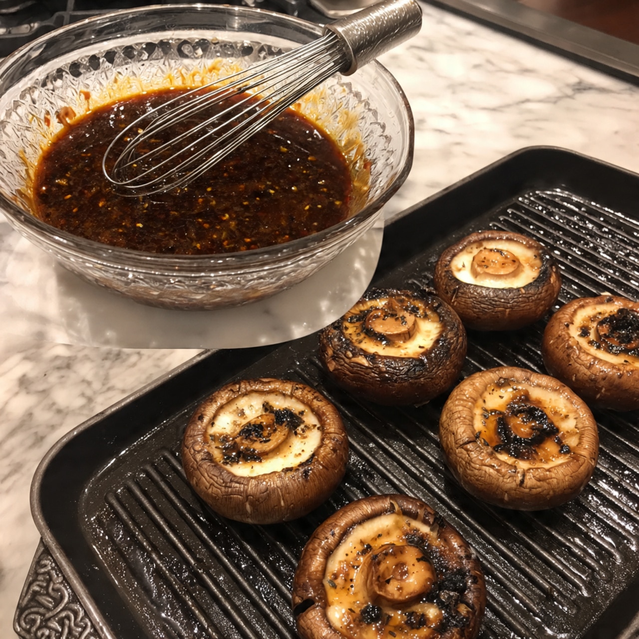 The image shows three parts: the first part is a clear glass dish filled with a dark brown sauce that has small bits floating in it, and a silver whisk resting inside the dish. The second part shows four large mushrooms in a clear glass dish, their tops dark with grill marks and a rich brown color. The third part shows four mushrooms on a black grill pan, with clear dark grill lines and a slightly charred texture on their surfaces. The background is a white marbled surface. photo taken with an iphone --ar 4:5 --v 7