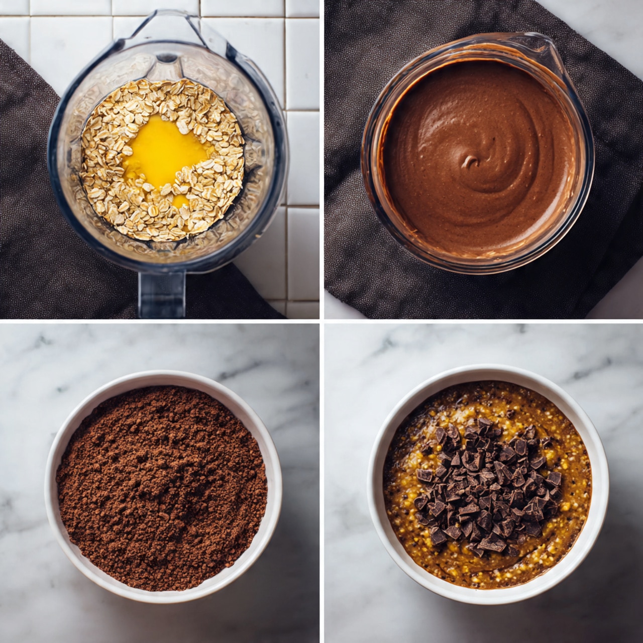 The image shows four stages of making a chocolate dessert. The first stage has a clear blender cup with visible layers from bottom to top: light brown rolled oats, a yellow egg yolk, and a medium brown powder, all against a white tiled background, placed on a dark cloth on a white marbled surface. The second stage shows the same blender cup filled with smooth dark brown chocolate mixture, resting on the same dark cloth. The third stage shows a white round bowl filled with thick, smooth dark chocolate batter topped with dark chocolate chunks placed on the white marbled surface. The fourth stage shows the same bowl with the chocolate chunks partly melted on top of the thicker chocolate batter. photo taken with an iphone --ar 4:5 --v 7