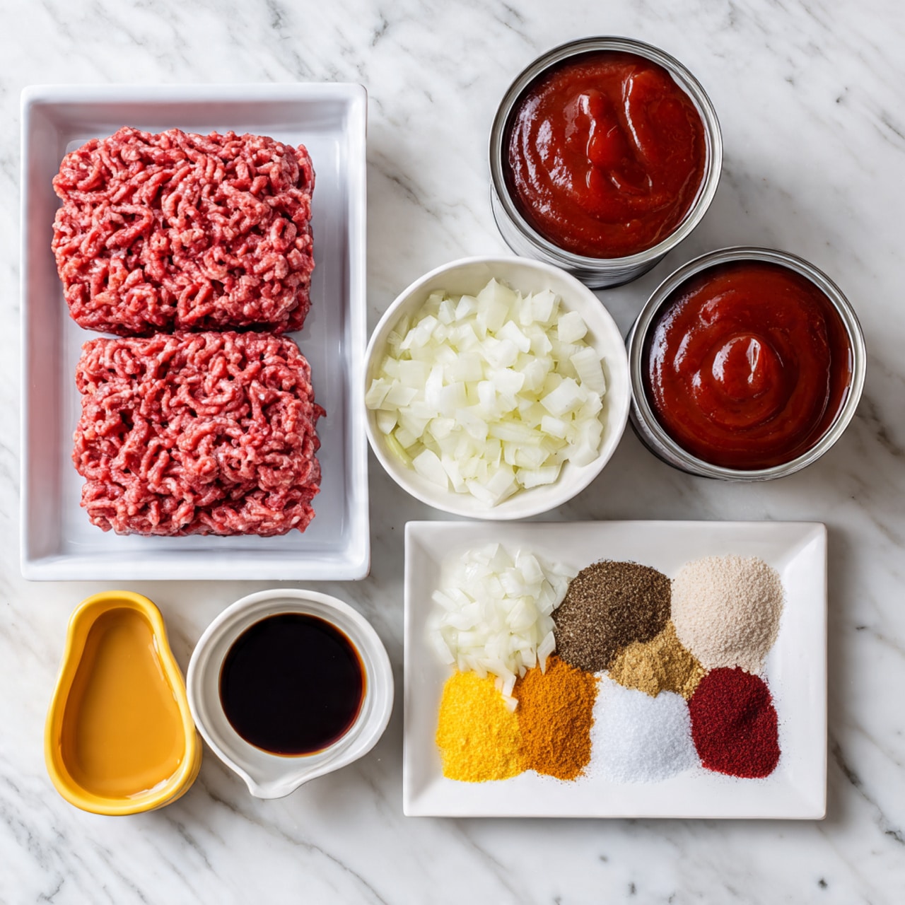 Two packages of raw ground beef sit on the top left on a white foam tray over a white marbled surface. To the right are three open cans with deep red tomato paste and sauce visible inside. Below, a white bowl is filled with small chopped white onion pieces. Next to it, a white plate holds various spices and seasonings arranged in separate piles of different colors like brown, yellow, red, and white, spread evenly on the plate. Below that, a small yellow bowl with vinegar and a small orange bowl filled with dark Worcestershire sauce complete the setup. All items rest neatly on a white marbled surface. photo taken with an iphone --ar 4:5 --v 7