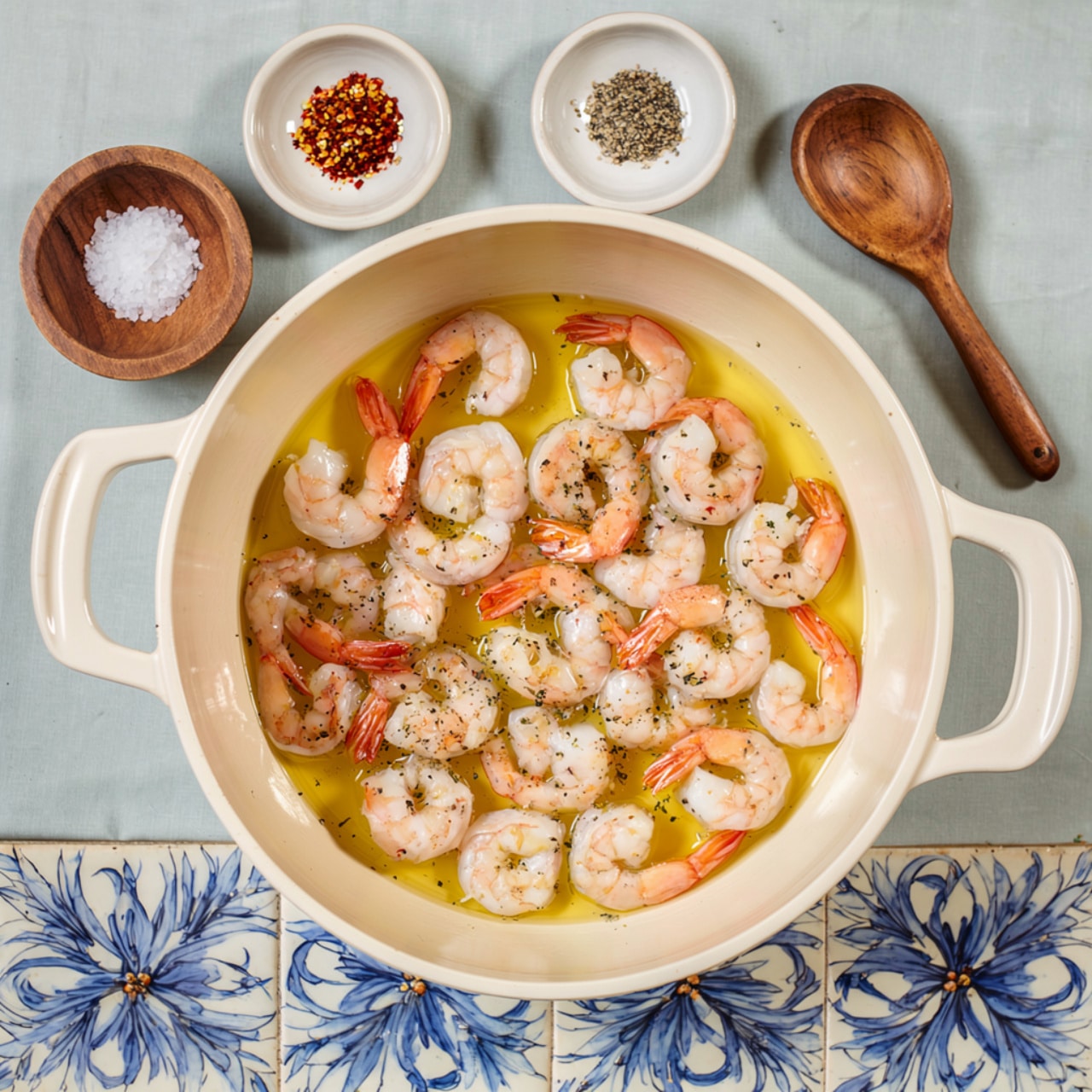 A white pot filled with a single layer of cooked shrimp, arranged evenly and surrounded by a yellow oily sauce. The shrimp are light pink with visible orange tails, sitting in the sauce that covers the bottom of the pot. The pot has two handles and is placed on a white marbled surface with blue floral tile patterns visible around it. Around the pot, there are three small white bowls: one with chili flakes and a small wooden spoon, one with salt and a tiny spoon, and one with black pepper. photo taken with an iphone --ar 4:5 --v 7