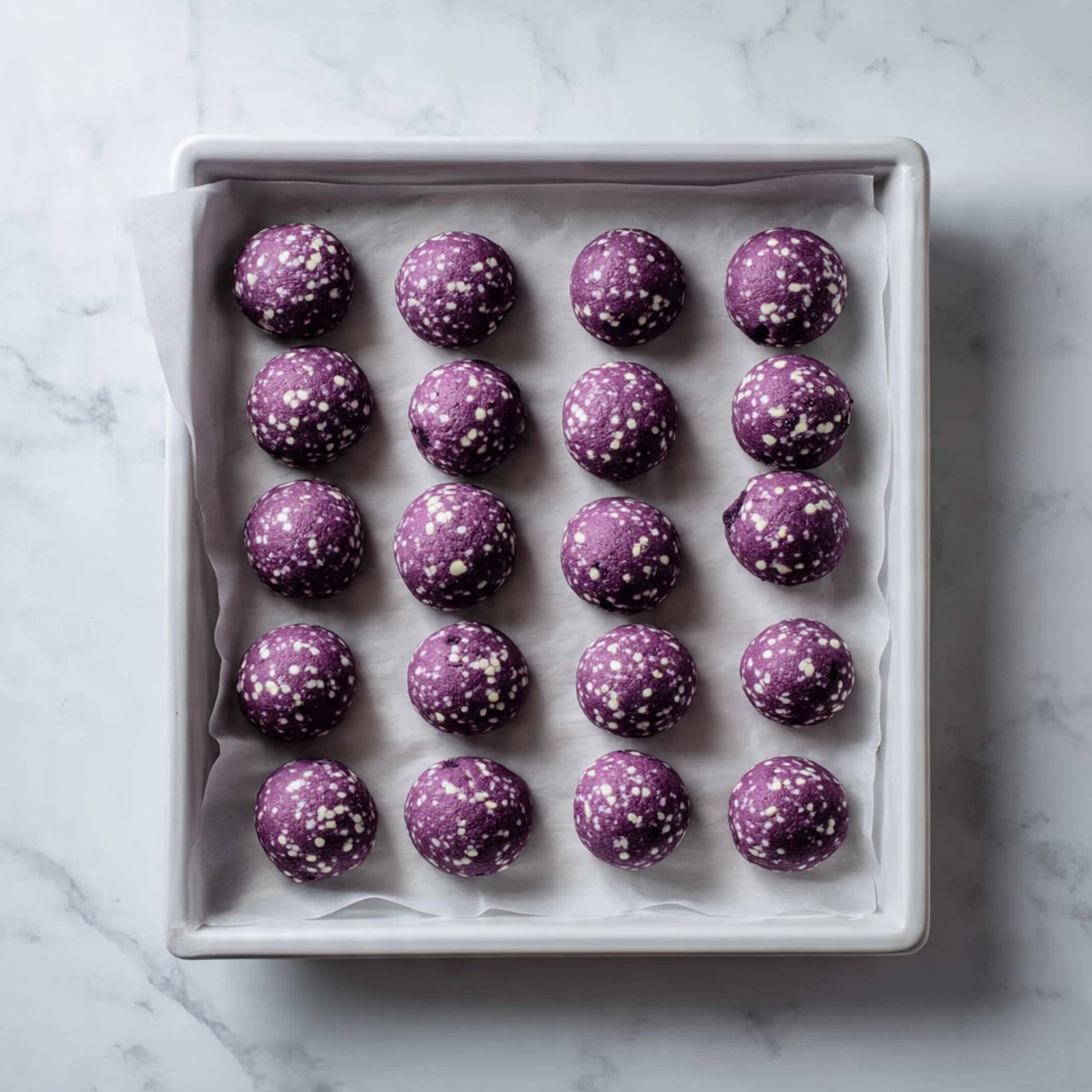 The image shows a white baking tray with a sheet of parchment paper. On the paper, there are fifteen round dough balls arranged in a neat 3 by 5 grid. Each dough ball is purple in color with scattered white spots, giving a textured look. The dough balls are evenly spaced and have a slightly crinkled surface. The background surface is a white marbled texture. photo taken with an iphone --ar 4:5 --v 7