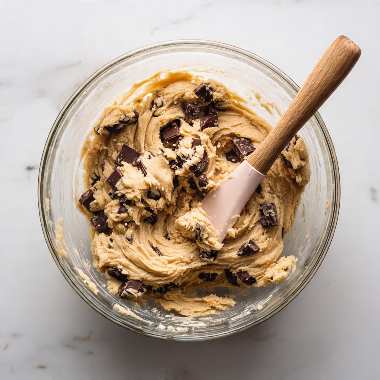 A clear glass mixing bowl filled with light brown cookie dough that has dark chocolate chunks mixed in, showing a thick and creamy texture with swirls from stirring. A wooden spatula with a pale pink silicone head rests inside the bowl, slightly coated with dough. The bowl is set on a white marbled surface. photo taken with an iphone --ar 4:5 --v 7