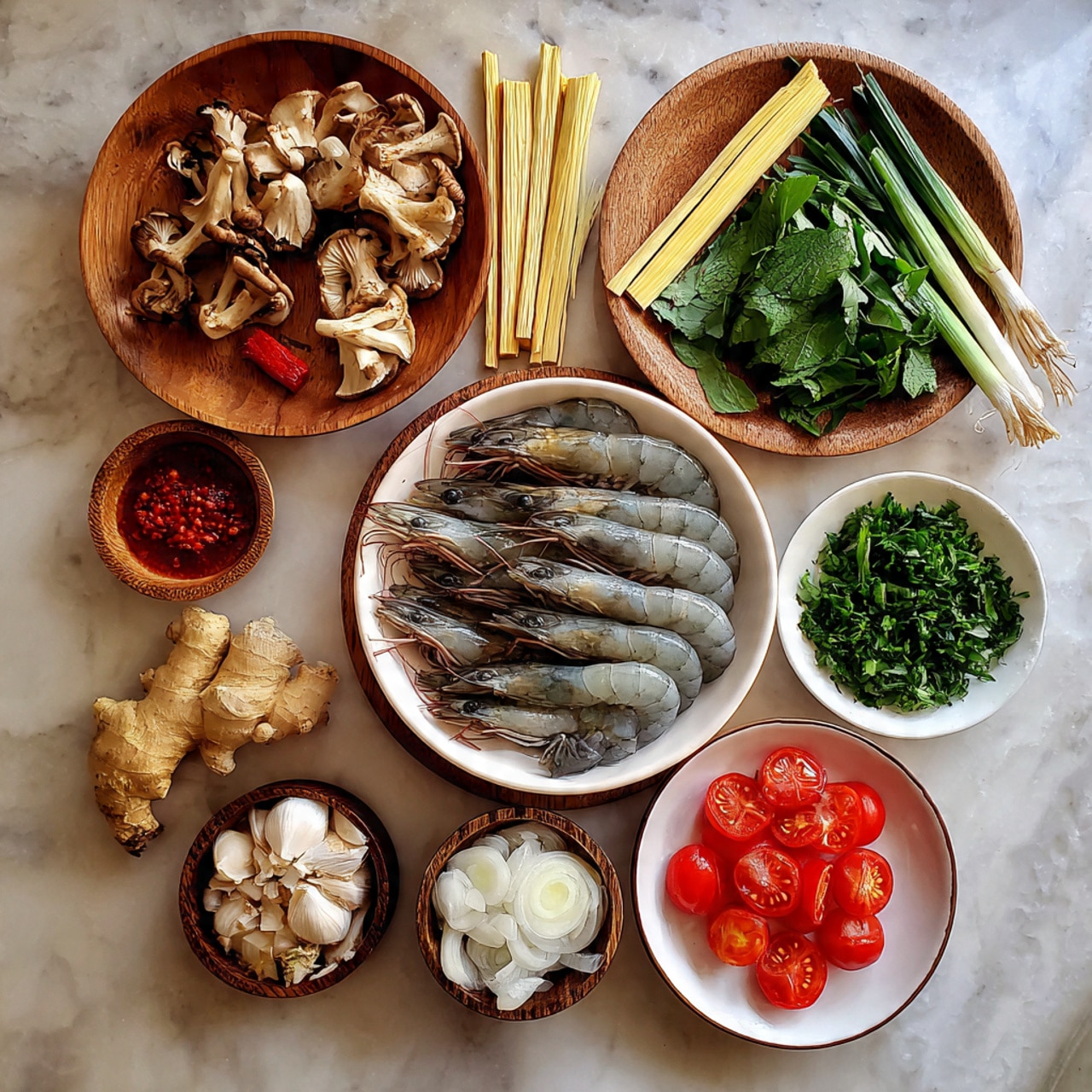 The image shows a top view of various ingredients for a dish, all arranged on a white marbled background. In the center is a white bowl filled with raw whole shrimp with heads and shells, grayish-blue in color. To the left is a large round wooden plate holding light brown oyster mushrooms and green kaffir lime leaves. Above the shrimp bowl, there are long pale yellow lemongrass stalks crossed with a reddish square piece of galangal, with a small white bowl of chopped onions nearby. To the right is a small white bowl filled with bright green coriander leaves, surrounded by whole garlic cloves. Below the shrimp are slices of red tomatoes on a small white plate sprinkled with sugar. A small wooden plate on the right holds dark red Thai bird’s eye chilies. At the bottom left, there is a white bowl filled with white coconut milk, next to slices of lime and a small portion of red Thai roasted chili paste mixed with lime juice. A glass filled with light brown chicken broth and another glass with water complete the arrangement. Photo taken with an iphone --ar 4:5 --v 7