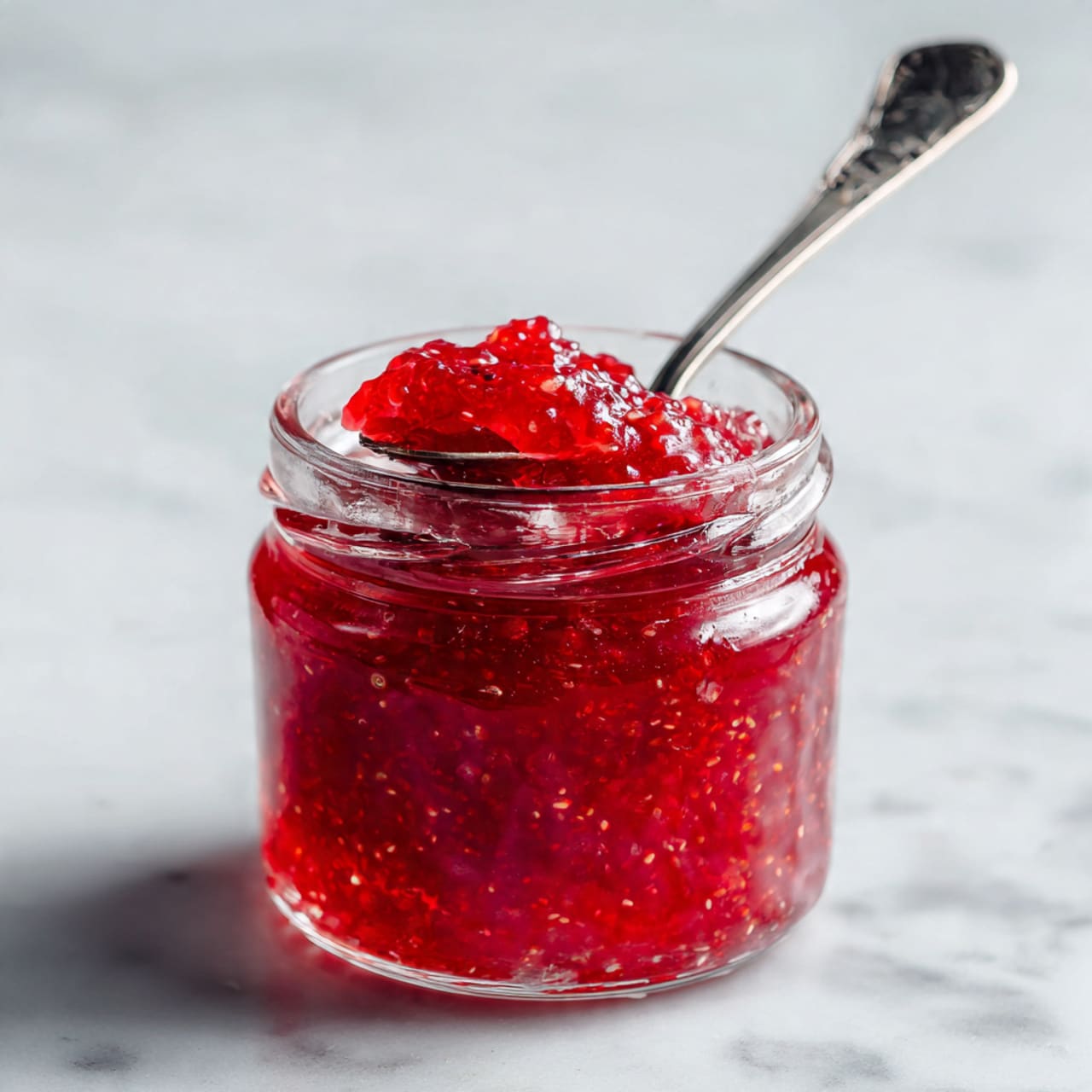 A close-up of a pan filled with thick, bubbling sauce that is deep red and pink in color, showing a rich mix of small round berries and frothy bubbles on the surface. A gray spatula rests inside the pan, partially coated with the sauce. The pan is on a stove with a black burner visible, and the background is blurred and dark. The texture looks thick and slightly chunky with many raised bubbles. Photo taken with an iphone --ar 4:5 --v 7