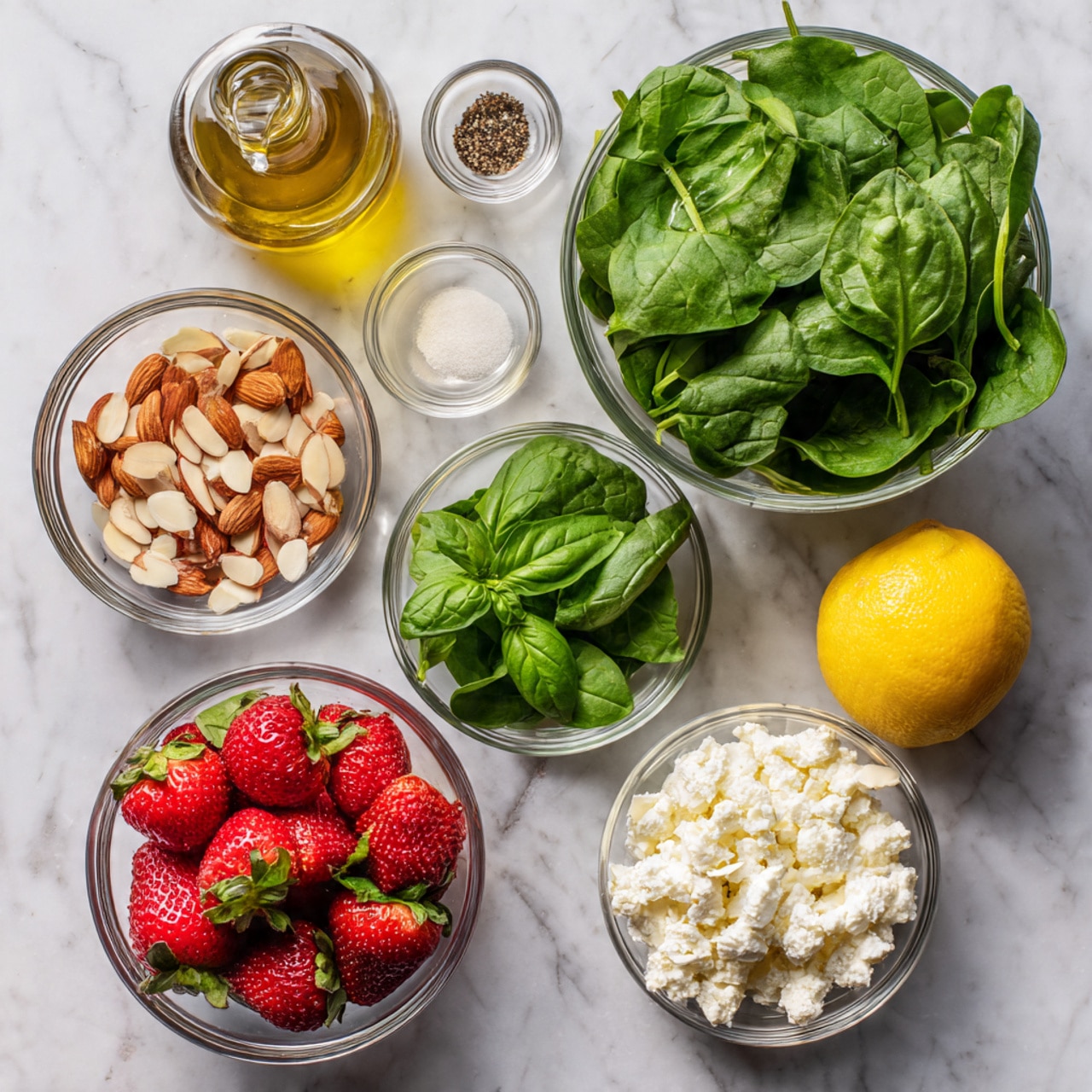 The image shows a top view of several clear glass bowls arranged on a white marbled surface. On the far right, there is a large bowl filled with fresh green spinach leaves. Next to it, on the top right, is a whole yellow lemon. In the middle row, from left to right, there is a bowl with bright red strawberries with green tops, a bowl of small basil leaves, and a bowl containing white crumbled cheese. Above these, a small bowl holds sliced light brown almonds, and next to it is a tiny bowl with salt and pepper. At the top center, there is a glass bottle filled with golden olive oil. The layout is neat, showing fresh ingredients with vibrant colors and different textures, all placed on the white marbled background. photo taken with an iphone --ar 4:5 --v 7