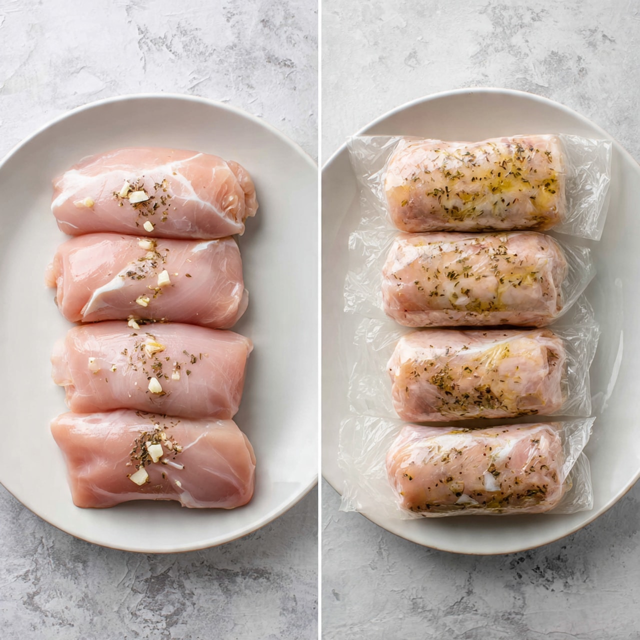 The image shows two views of raw seasoned chicken rolls. On the left side, four pinkish chicken rolls with light specks of chopped garlic and black pepper are placed close together on a white plate, all with a slightly glossy and smooth texture. On the right side, four similar chicken rolls are tightly wrapped in clear plastic film, giving them a shiny and compressed appearance, arranged in a neat vertical line on a grey textured surface. The background is a white marbled texture. Photo taken with an iphone --ar 4:5 --v 7