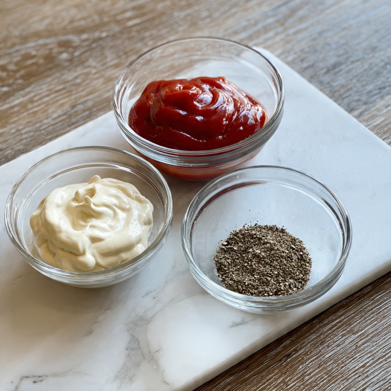 The image shows three small clear glass bowls placed side by side on a white marbled surface with a wood grain pattern. The bowl on the top contains bright red ketchup with a smooth, thick texture. Below to the left, there is a bowl filled with creamy white mayonnaise, looking soft and slightly whipped. To the right below, a smaller bowl holds ground black pepper, finely textured and dark in color. The bowls are arranged neatly with some space between them. photo taken with an iphone --ar 4:5 --v 7