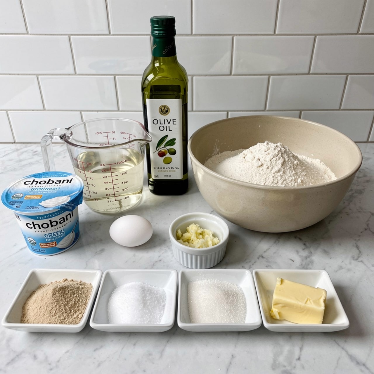 The image shows ingredients arranged neatly on a white marbled surface with a white tiled wall background. There is a large beige bowl filled with white flour placed on the right side. Next to it stands a tall green bottle labeled