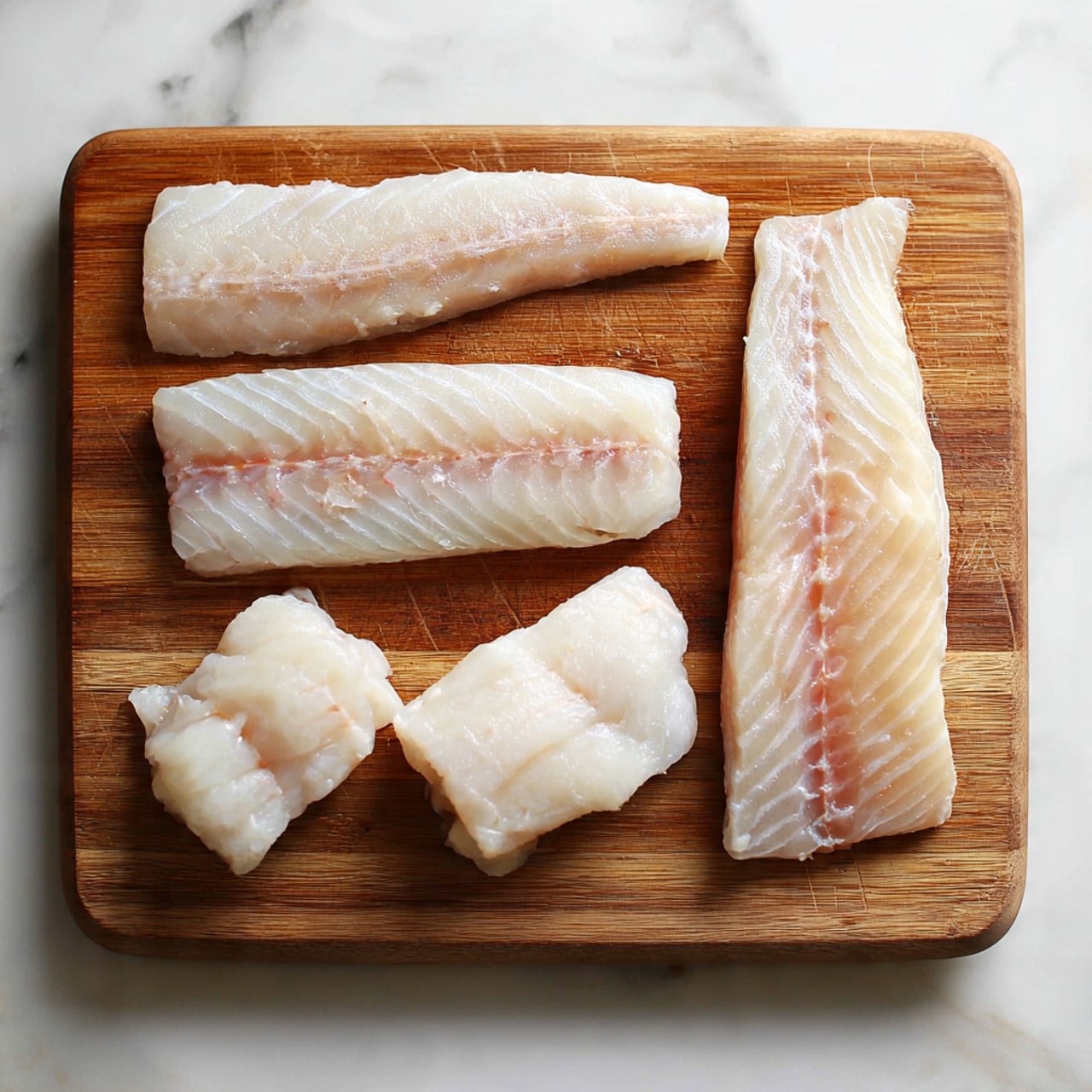 The image shows five pieces of raw fish fillets placed on a wooden cutting board. The fish pieces vary in size, arranged in a loose grid with two longer, thinner fillets at the top and three shorter, chunkier pieces at the bottom. The fillets have a pale white color with a slight translucence and faint pinkish lines and specks running through them, giving a natural texture look. The cutting board sits on a white marbled surface, visible around the edges of the board. photo taken with an iphone --ar 4:5 --v 7