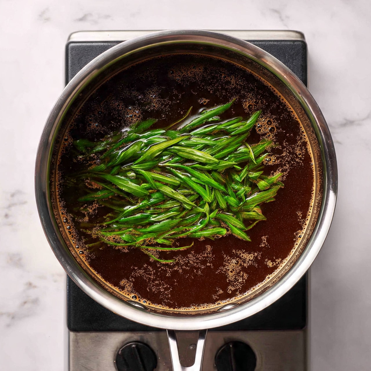 A shiny silver pot filled with dark brown liquid that has small bubbles on the surface. Inside the liquid, there is a bundle of bright green leaves tied together, floating in the middle. The pot sits on a stove with a grey burner, and the background features a white marbled surface. photo taken with an iphone --ar 4:5 --v 7