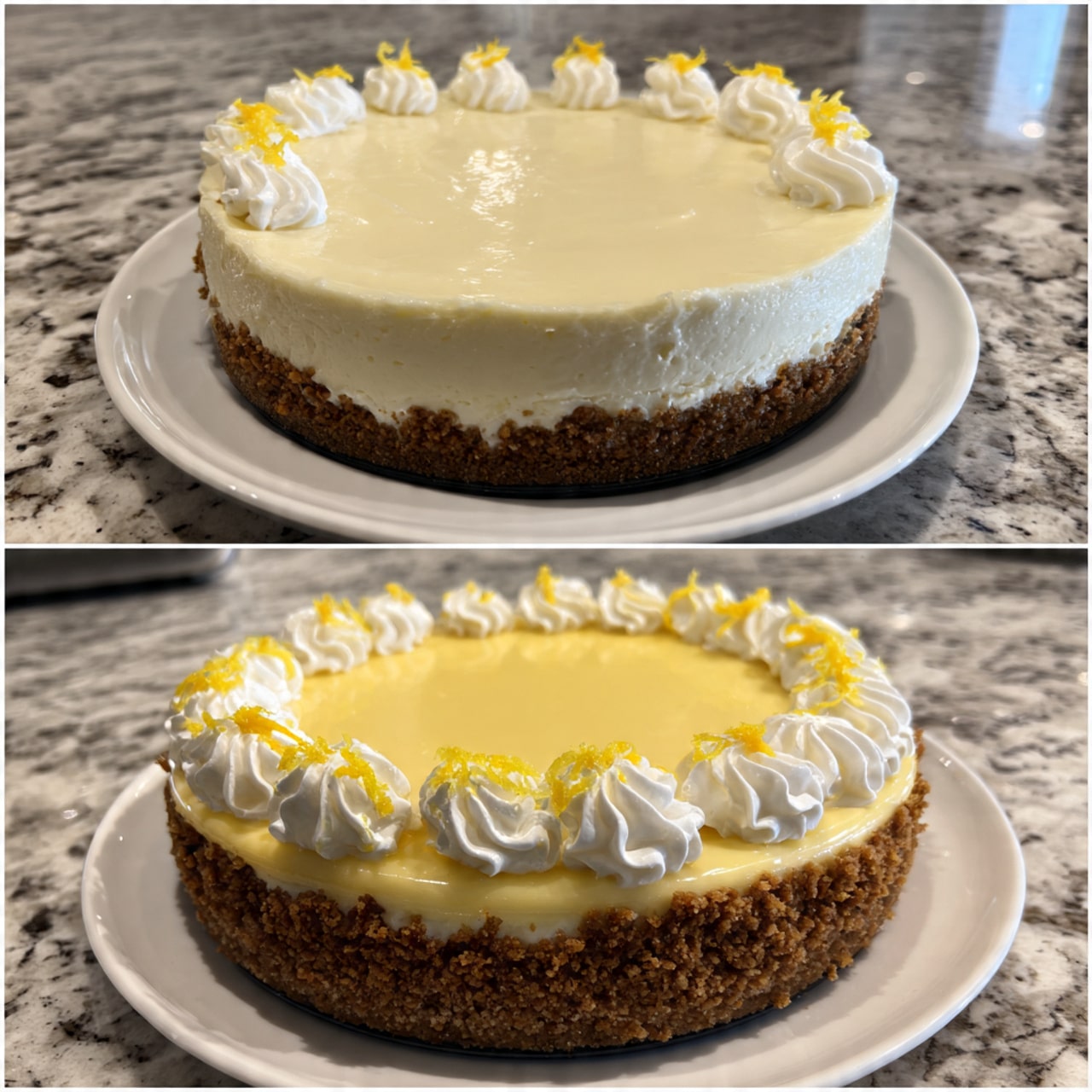 The image shows a two-step process of making a cheesecake on a white marbled surface. In the first step, there is a round cheesecake with three visible layers: a base layer made of crumbly brown crust, a thick middle layer of light cream color smooth cheesecake, and no toppings on top. The cheesecake sits on a white plate. In the second step, the same cheesecake is now topped with a shiny pale yellow lemon layer spread evenly on top. This lemon layer is bordered by a ring of white whipped cream swirls, each topped with small curls of yellow lemon peel placed evenly around the edge. The cheesecake remains on the same white plate. Photo taken with an iphone --ar 4:5 --v 7