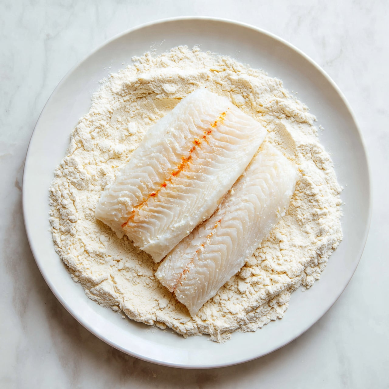 A white plate holds a layer of light beige flour spread evenly across its surface. On top of the flour, there are two pieces of raw white fish fillets placed side by side, each with a slightly translucent texture and faint orange-red streaks running vertically. The plate is set on a white marbled surface, creating a clean and bright background. photo taken with an iphone --ar 4:5 --v 7
