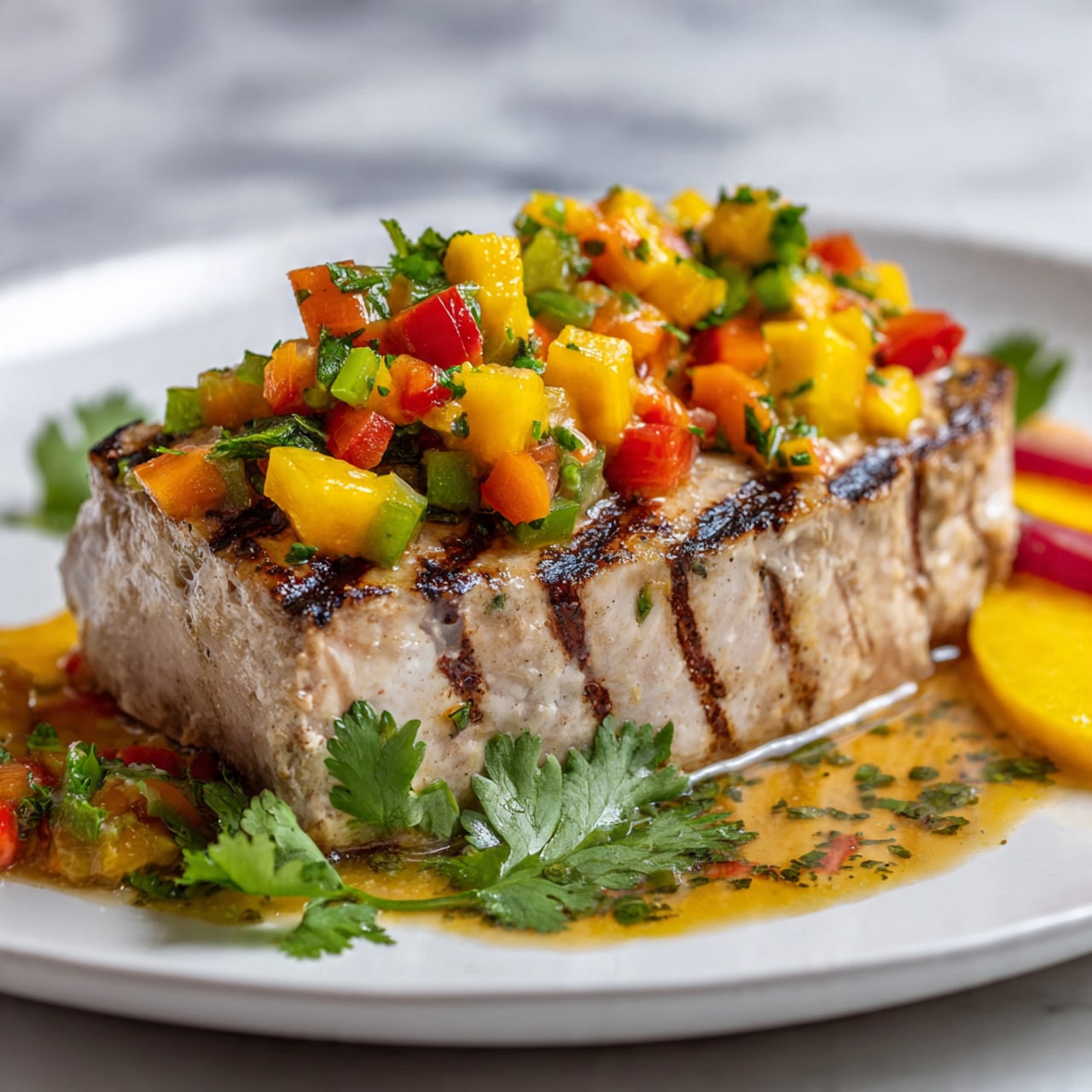 A white plate holds a thick piece of grilled fish with light brown grill marks on top. The fish is covered with a colorful salsa made of diced yellow mango, orange citrus pieces, green bell peppers, and fresh green cilantro leaves. Around the fish, there is a layer of fresh cilantro with dark green leaves, and slices of yellow and red fruit or vegetable are placed on the side. The plate sits on a white marbled surface with a blurred background. photo taken with an iphone --ar 4:5 --v 7