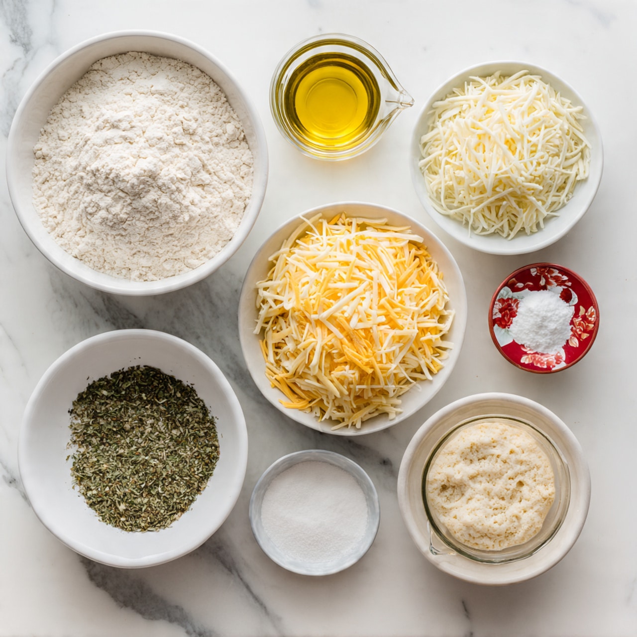 The image shows a collection of ingredients arranged neatly on a white marbled surface. There is one large white bowl filled with fine, white bread flour, and another large white bowl containing pale yellow shredded mozzarella cheese. A smaller white bowl holds light yellow shredded parmesan cheese, while a small white bowl has mixed green dried basil and oregano herbs. A clear glass cup contains a light golden olive oil, and next to it, a small bowl with white granulated sugar inside decorated with red flowers on the rim. There is a small bowl with white salt, and a small container of garlic powder with a red lid. A clear glass measuring cup holds a bubbly, tan-colored ripe levain starter, and another clear glass bowl is filled with clear water. All the items are spaced out on the surface to show each ingredient clearly. photo taken with an iphone --ar 4:5 --v 7