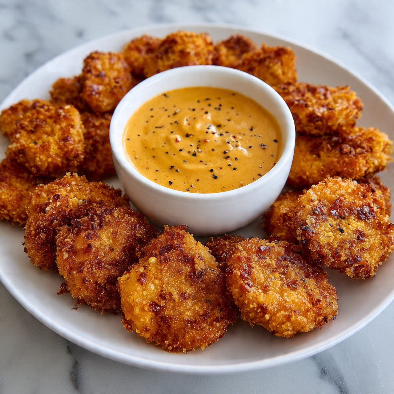 A white round plate holds multiple pieces of golden-brown crispy fried nuggets arranged around the edge, showing a crunchy texture with some darker spices visible on the surface. In the middle of the plate, there is a small white bowl filled with smooth, creamy orange dipping sauce with black pepper specks evenly spread throughout. The plate is placed on a white marbled surface with a soft, blurred white background. photo taken with an iphone --ar 4:5 --v 7