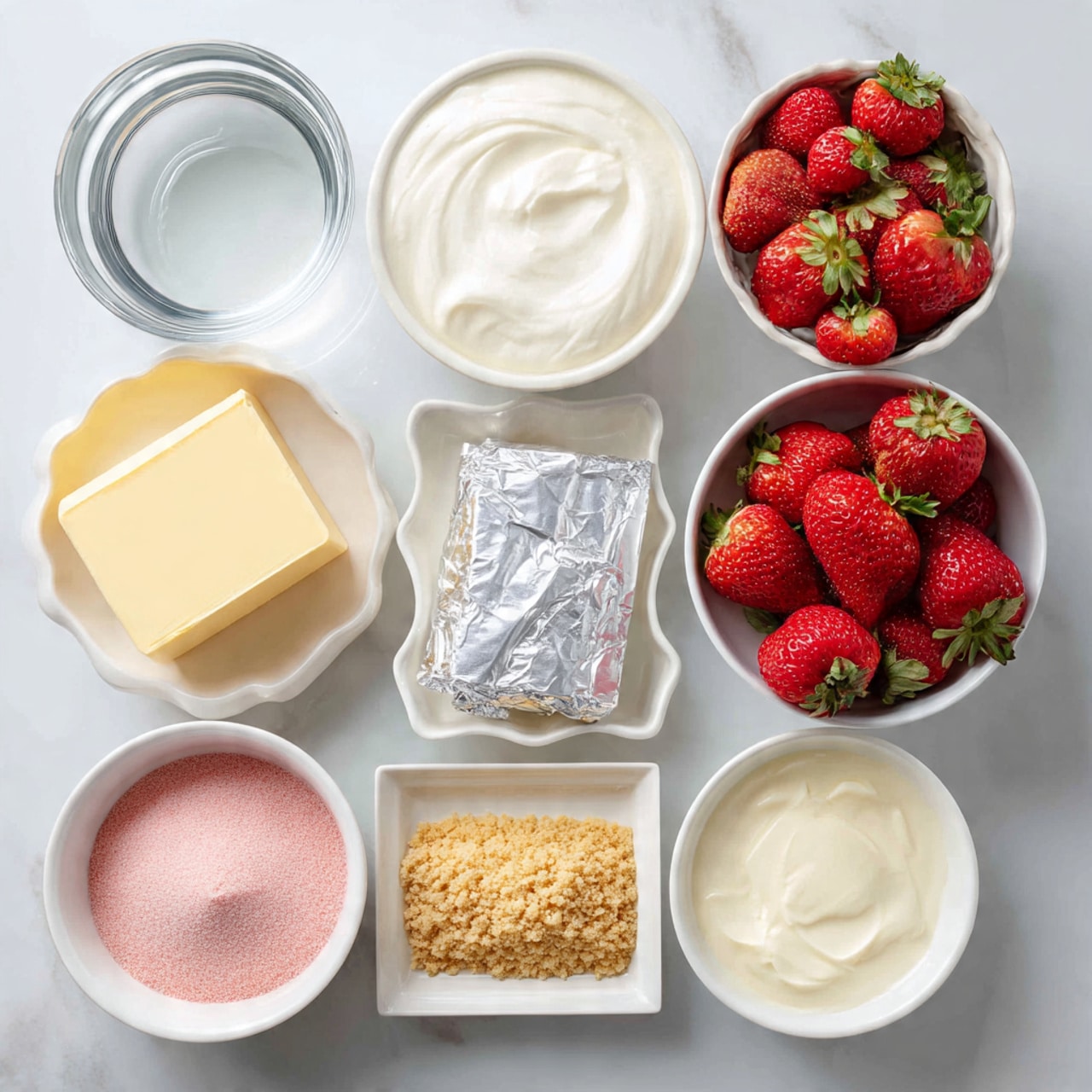 The image shows eight small white bowls arranged neatly on a white marbled surface, each holding a different ingredient. At the top left is a bowl filled with clear water, next to it a bowl of thick, white heavy cream. On the top right side, a white bowl is full of fresh, bright red strawberries with green leaves. In the middle row, from left to right, there is a small scalloped white bowl with powdered sugar that looks light and fluffy, a foil-wrapped cream cheese block placed beside it, and another white bowl filled with golden-brown, crumbly graham cracker crumbs. In the bottom row, there is a white bowl filled with a creamy sour cream, next to a small scalloped bowl containing pink strawberry gelatin powder. At the bottom center lies a stick of yellow butter still in its wrapper. The setup is clean, bright, and organized for clear ingredient display, photo taken with an iphone --ar 4:5 --v 7