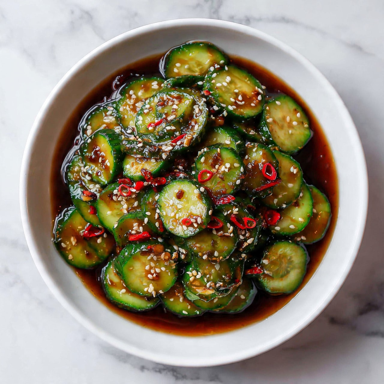In a white bowl on a white marbled surface, there is a dish made of many thin slices of cucumber, dark green on the edges and lighter green inside. The cucumber slices are covered in a shiny, dark brown sauce that pools at the bottom. Small pieces of red chili flakes are scattered over the cucumbers along with white sesame seeds, giving a mix of red and white specks on top. The cucumbers appear fresh and slightly wet from the sauce. photo taken with an iphone --ar 4:5 --v 7