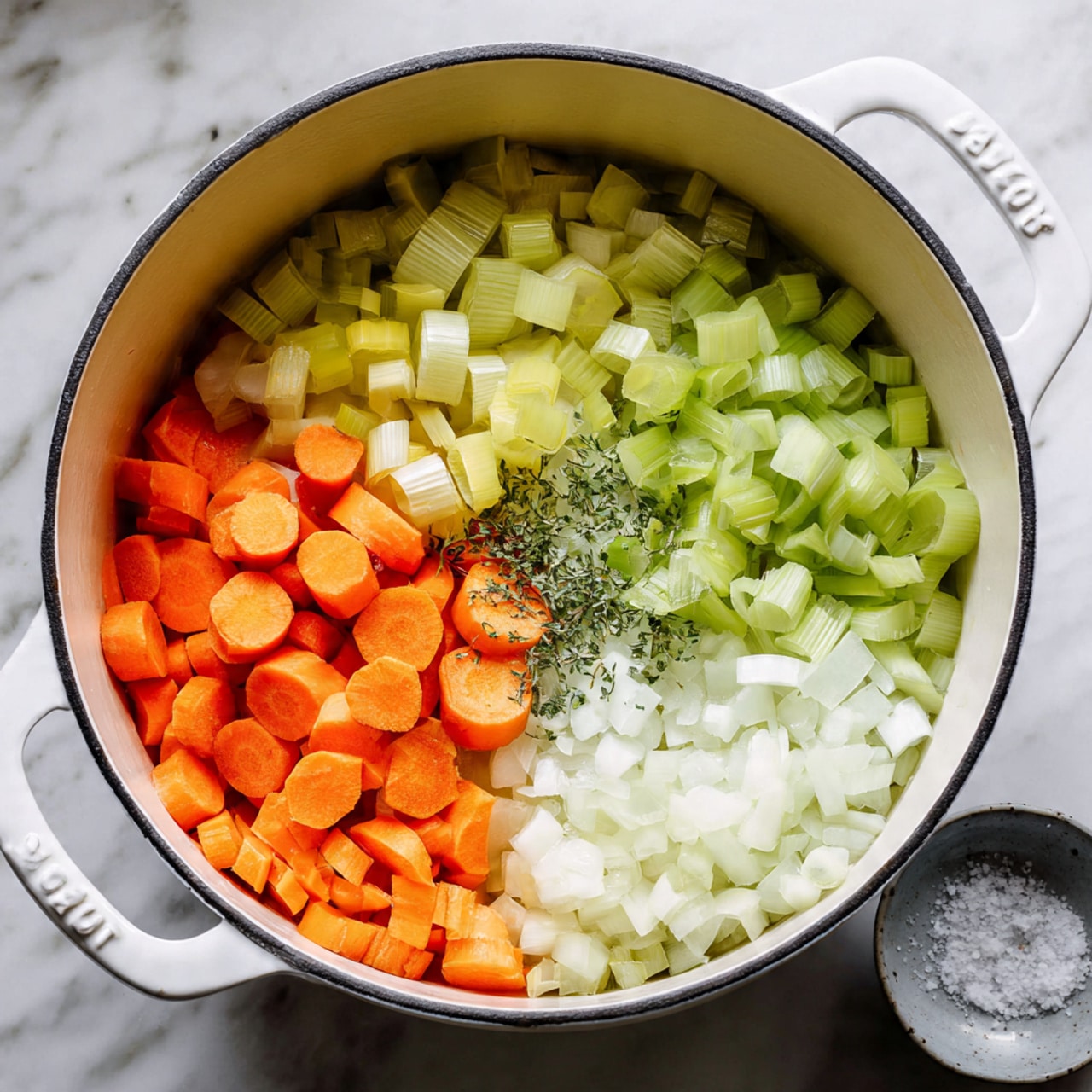 A white cooking pot is filled with four distinct layers of chopped vegetables arranged in sections. On the left side, there are bright orange carrot slices, next to them light green celery slices. Below, pale yellow-green leek rings are loosely piled, and on the right side, finely chopped white onions fill the space. A sprinkle of salt crystals is scattered on top across the mixed vegetables. The pot sits on a surface with a white marbled texture, and a small round gray dish with coarse salt is visible nearby. photo taken with an iphone --ar 4:5 --v 7