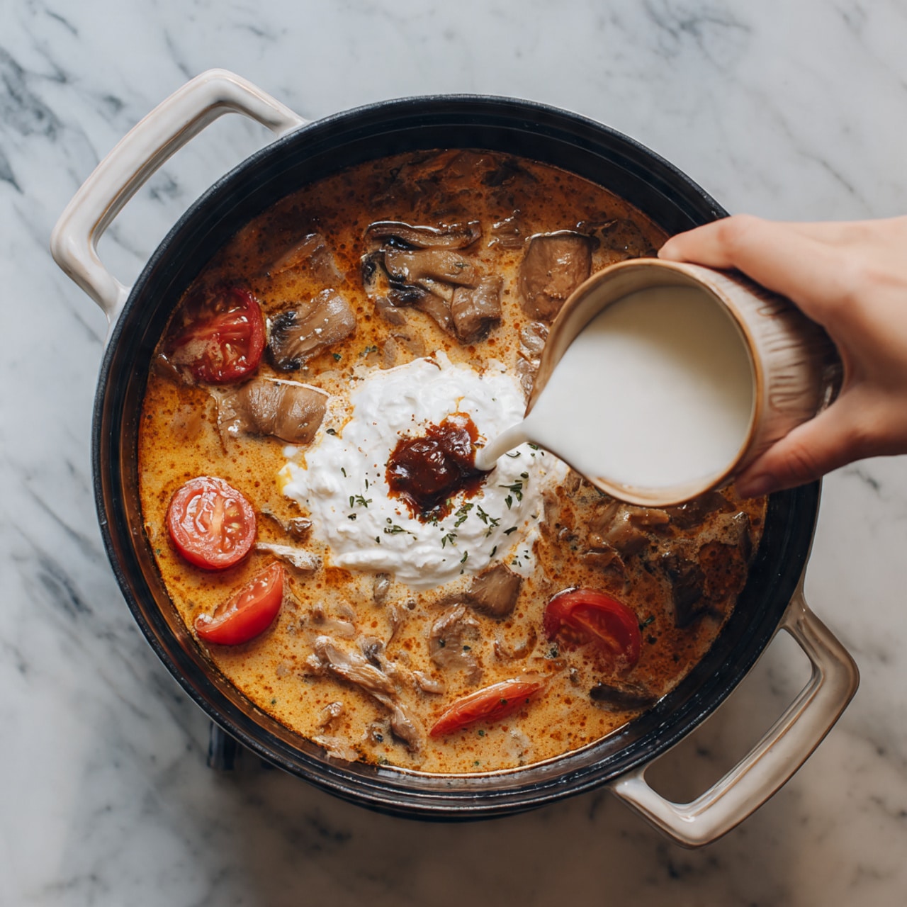 The image shows a round black pot with white handles filled with a light brown soup, inside which there are visible pieces of meat, mushrooms, and red tomato slices. On top, there is a large dollop of white creamy sauce and a smaller dark red sauce in the center. A woman's hand is pouring more white creamy sauce from a small light brown bowl into the pot. The pot is placed on a white marbled surface. Photo taken with an iphone --ar 4:5 --v 7