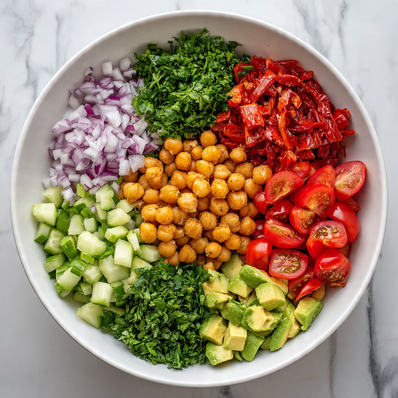 A white bowl filled with seven different chopped ingredients, each arranged in separate sections. Starting from the top left, there are small diced light purple onions, finely chopped fresh green parsley next to it at the top center, and bright red roasted peppers to the right. Below the peppers on the right side are round, light brown chickpeas. In the bottom center is finely chopped dark green leafy herbs, next to fresh red halved cherry tomatoes. Finally, in the bottom left corner and center, there are medium-sized chunks of light green cucumber and diced green avocado in the middle. The bowl sits on a white marbled surface. photo taken with an iphone --ar 4:5 --v 7