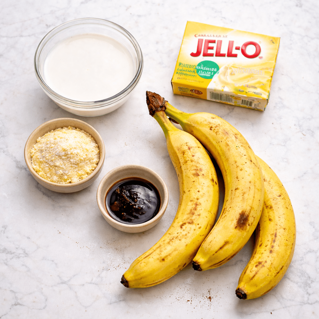 Three whole bananas with yellow skin and brown spots rest on a white marbled surface. Above them is a clear glass bowl filled with white milk. To the left of the milk is a small beige bowl filled with white powder labeled as banana pudding mix. Below that is a smaller beige bowl with dark brown vanilla bean paste inside. In the top right corner, a yellow box of JELL-O banana cream pudding is visible. photo taken with an iphone --ar 4:5 --v 7