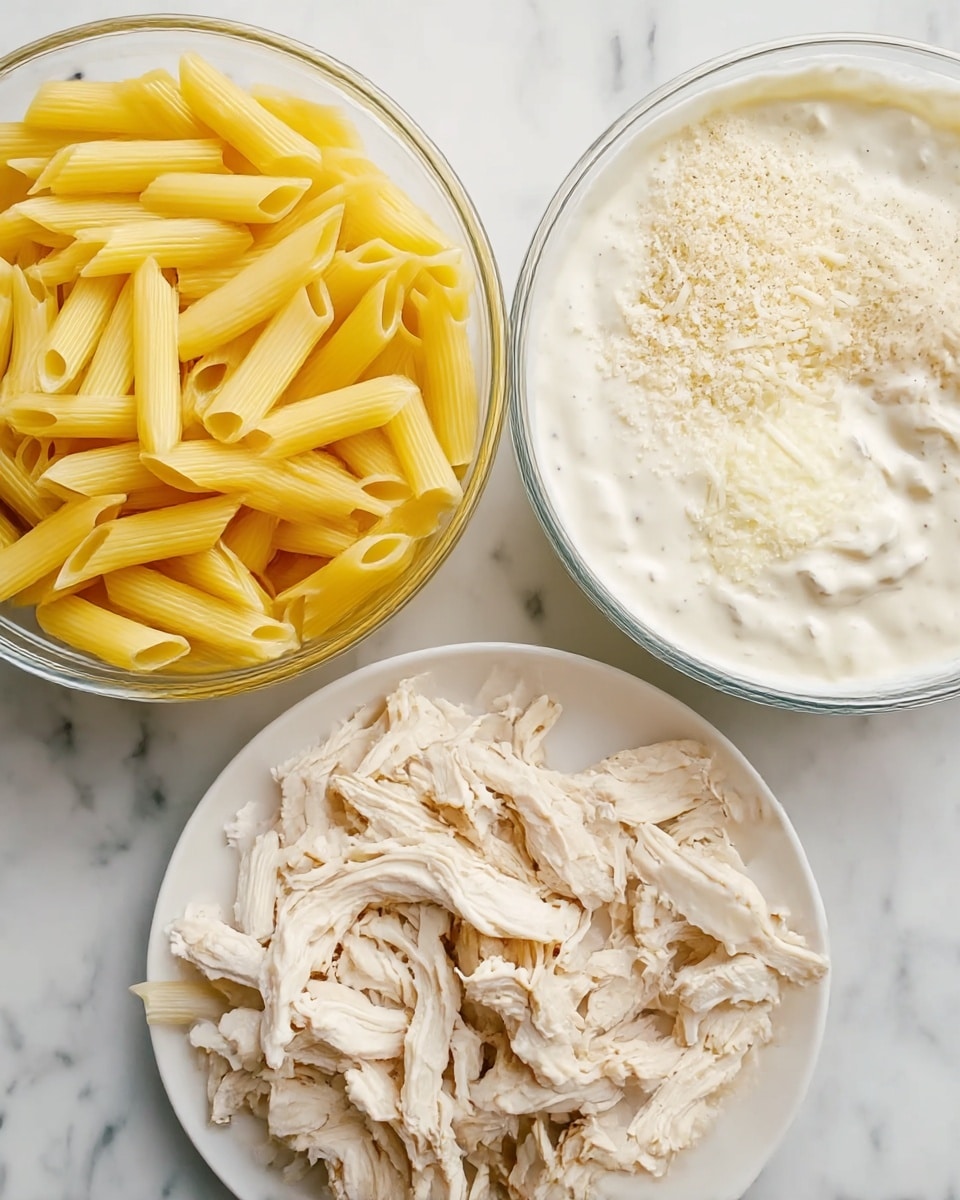 The image shows three clear or white dishes on a white marbled surface. The first dish holds cooked yellow penne pasta with smooth texture, filling the bowl almost to the top. The second dish contains a creamy white sauce with a thick texture, topped with some light beige powdered seasoning and white shredded cheese, all arranged in separate sections within the bowl's surface. The third dish is a white plate filled with pieces of shredded, light-colored cooked chicken, evenly spread out. The three dishes are placed close to each other. Photo taken with an iphone --ar 4:5 --v 7