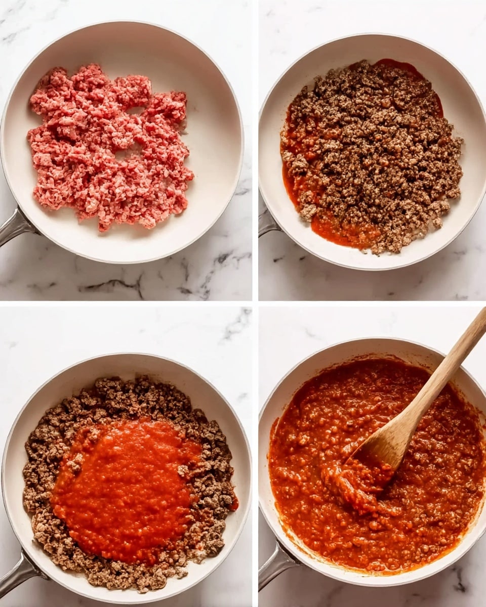 The image shows four steps of cooking a ground meat sauce in a white pan on a white marbled surface. The first step has raw pink ground meat placed in the pan. The second step shows the meat fully cooked and browned, broken into small pieces spread evenly in the pan. The third step shows a bright red tomato sauce poured over the browned meat, sitting mostly in one section of the pan. The fourth step shows everything mixed together, with the sauce and meat combined into a rich reddish-brown mixture being stirred with a wooden spoon. photo taken with an iphone --ar 4:5 --v 7