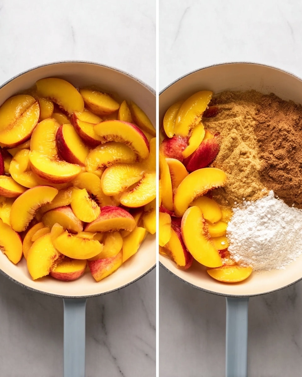 The image shows a white pan placed on a white marbled surface. In the first view, the pan is filled with thin, bright orange and yellow peach slices evenly spread. In the second view, the same pan has the peach slices at the bottom with three piles of different ingredients layered on top on the right side; one pile is light brown sugar, another is medium brown cinnamon powder, and the third is a small heap of white flour. The colors contrast with the peach slices and stand out in neat sections inside the pan. photo taken with an iphone --ar 4:5 --v 7